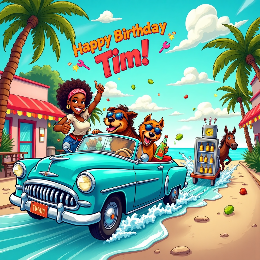 At the top of the Cartoon Style image, “Happy Birthday Tim!” in giant frosty-blue, bubbly letters with chunky black outlines, sparkling snowflake-and-wrench accents, and little condensation droplets for a cool, celebratory feel.

A zany, high-energy Caribbean seaside street scene bursting with saturated color: turquoise ocean and sunlit sky, palm trees swaying, pastel shopfronts with corrugated roofs, and strings of bright pennant flags fluttering. Front and center, a shiny cartoon convertible with a huge grinning chrome grille and oversized whitewall tires screeches by; the back seat holds a glass-front mini fridge crammed with frosty beer bottles and limes, foggy chill rolling out in puffy blue swirls. A confident, smiling Caribbean woman HVAC/refrigeration tech with big gloves, curly hair tied in a bandana, and a tool belt (gauges, hoses, wrench) rides alongside, surfing a looping copper HVAC coil like a skateboard, striking a triumphant thumbs-up pose. Red and blue refrigerant hoses arc through the air like party streamers.

A cool horse in sunglasses and a floral saddle blanket trots next to the car, towing a tiny stainless-steel refrigerator on a wagon; the fridge door is ajar showing frosty bottles clinking inside. Two goofy dogs ride in the front seat wearing goggles, tongues out, ears flapping in the chilly breeze from a cartoon dashboard vent; another small dog stands on the backseat pressing a big thermostat button. Above, a friendly rooftop AC unit with a smiling face blasts a visible arctic breeze that whooshes across the scene, fluttering palm fronds, ruffling manes and ears, and scattering confetti shaped like bolts, snowflakes, and bottle caps. A few coconut drinks and bottle caps bounce along the road, and streamers curl like copper coils. Everything is drawn in playful cartoon style: exaggerated proportions, thick black outlines, punchy saturated colors (teal, coral, lemon, hot pink, lime), and energetic, whimsical poses with soft cel shading.

Add a small extra line of in-image text: a bright yellow sticker on the oversized thermostat reads, “Set to Tim-perature: COOL!”
Generated with these themes: Hvac, Refrigeration, Women, Cars, Carribean, Beer, Horses, Dogs, and .
Made with ❤️ by AI.