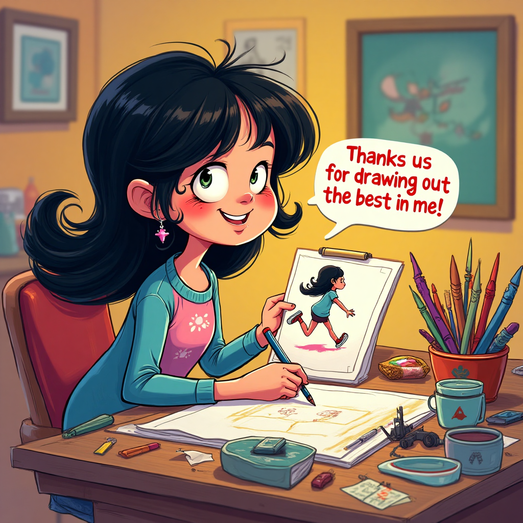 A black-haired girl drawing a picture of herself running, and Thank-you Card