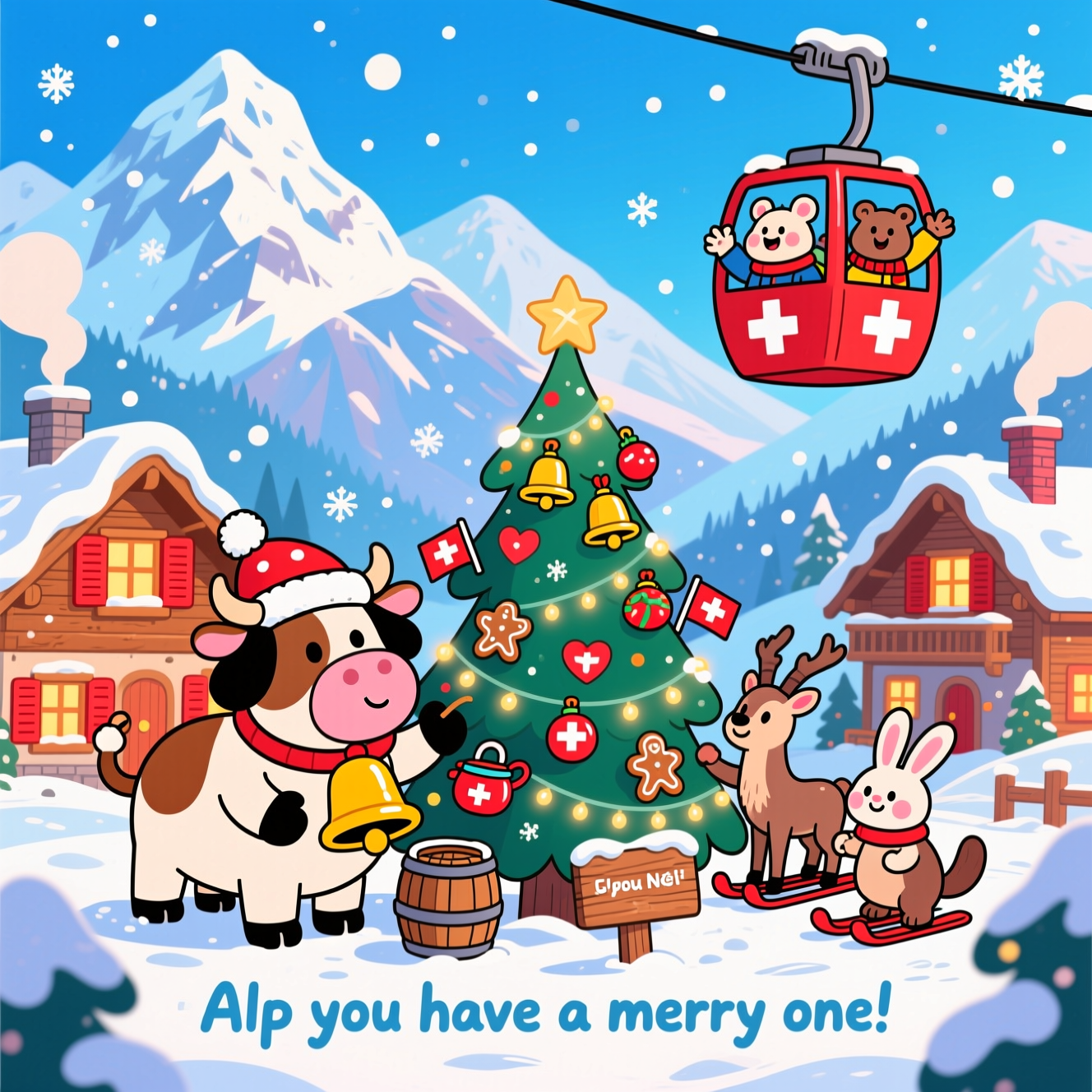 At the bottom of the Cartoon Style image, Schöni Wiehnachte + Joyeux Noël + Buon Natale + Bellas Festas da Nadal

A cute, playful Christmas scene in the Swiss Alps: bright, candy-colored, thick-outlined cartoon world with exaggerated, round characters and big rosy cheeks. A cozy alpine village of wooden chalets with red shutters twinkles below towering snow-capped mountains (hint of the Matterhorn silhouette). A cheerful red ski lift with white Swiss crosses glides across the sky; inside the gondolas, bundled-up animals wave and strike energetic poses. In the snowy foreground, a chubby Swiss cow wearing a giant bell and pom-pom hat, a Saint Bernard with a tiny barrel, a nimble ibex on skis, a cuddly marmot, and a snow hare team up to decorate a tall, sparkling Christmas tree with cowbell baubles, gingerbread hearts, tiny Swiss flags, fondue-pot ornaments, and glowing fairy lights. Soft snowflakes swirl; warm windows glow; smoke curls from chimneys. Colors are bright and saturated, outlines thick and inky, with glossy highlights, soft bounce lighting, and crisp snow sparkle for a cute, cozy mood. A small wooden sign in the snow reads: “Alp you have a merry one!” The multilingual greeting at the bottom is bold and clear in frosty, hand-lettered snow-icing style with a gentle drop shadow, centered and easy to read. Portrait orientation, roomy composition with big image focus, no other large text, high-resolution cartoon finish.
Generated with these themes: Animals, switzerland, christmas tree, mountains, ski lift, and .
Made with ❤️ by AI.