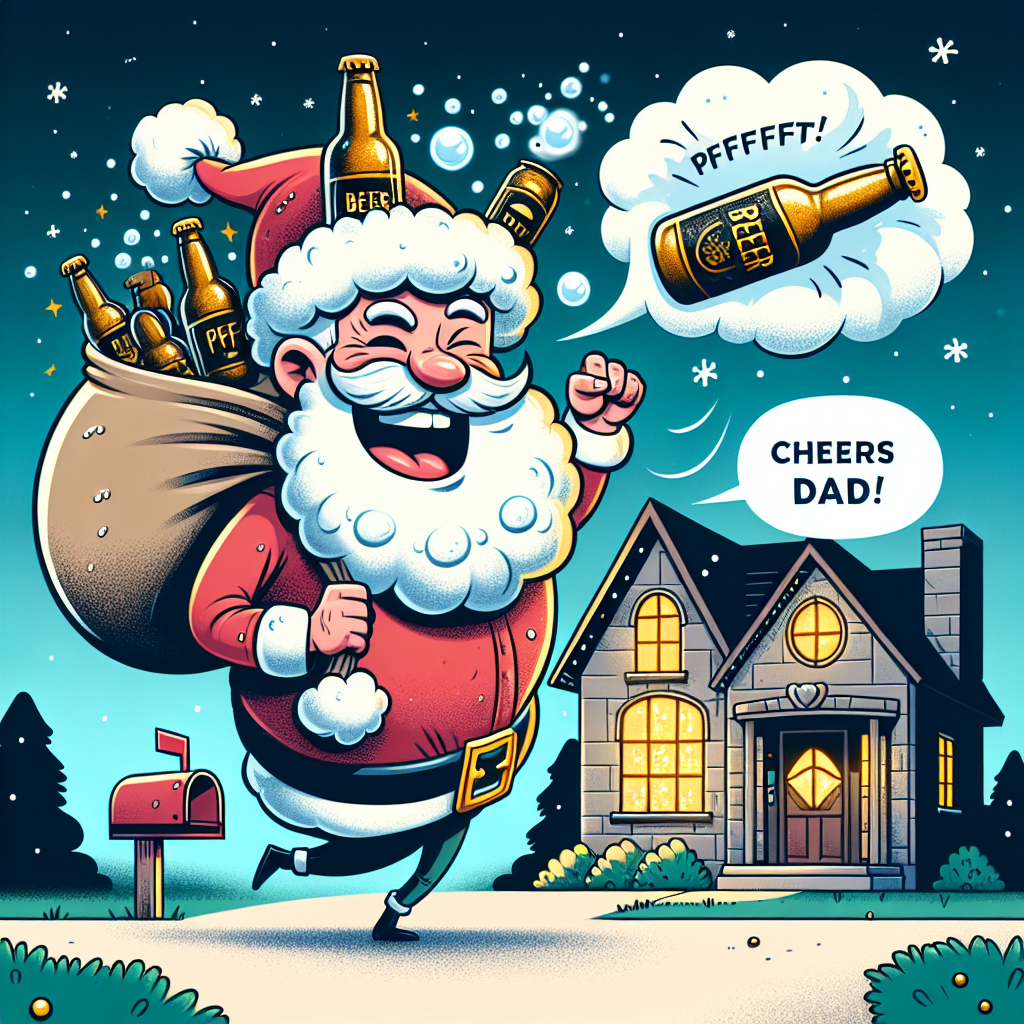Create a whimsical Father's Day comic showcasing a character known as Daddy Claus. This jolly patriarchal figure is imagined wearing a beer cap instead of a traditional Santa Claus hat, and he's cheerfully approaching a warmly-lit suburban house. With a hearty laugh, he's carrying an oversized bag filled with an assortment of frosty beer bottles over his shoulder. There's a comical, puffy cloud situated near his waist, with a playful 'Pfffft!' written above it. Daddy Claus is winking at the viewer, with a dialogue bubble that reads, 'Hope your Father's Day is as explosive as this delivery!'. Lastly, the house's mailbox reads 'Cheers Dad!', further enhancing the festive atmosphere.
Generated with these themes: Daddy Claus, who is Father's Day's version of Father Christmas is delivering beer to a house , and Daddy Claus has farted visibly and says something funny about it.
Made with ❤️ by AI.
