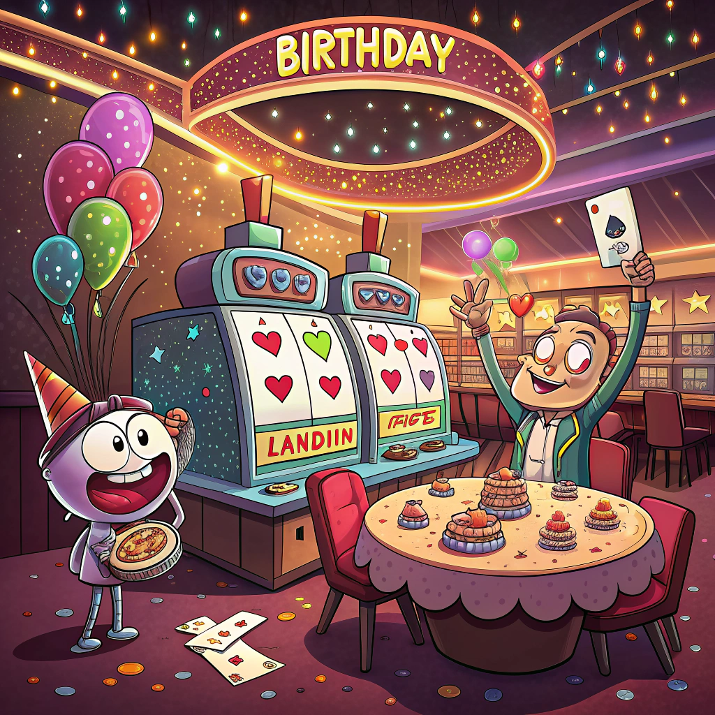 At the top of the image, "Landin, you just hit the Birthday Jackpot—your prize? Another year of questionable choices!"

– Illustrate a lively cartoon-style scene set inside a glitzy casino, with neon lights, slot machines flashing "🎉BIRTHDAY🎉", and dice bouncing across a table labeled “AGE”.  
– In the center, a big slot machine with Landin’s face grinning as three birthday cakes line up on the reels, shooting confetti and glitter.  
– Around him, cheering cartoon characters shaped like lottery balls (each with quirky faces) throw party hats and fake money that says “LUCKY 365”.  
– A roulette wheel in the corner spins, landing between “More Cake” and “Regret Nothing.”  
– In the background, a suspiciously shady deck of playing cards throw a surprise party while smoking tiny cigars.
Generated with these themes: Lottery , Birthday, Luck, Gambling , and Funny.
Made with ❤️ by AI.