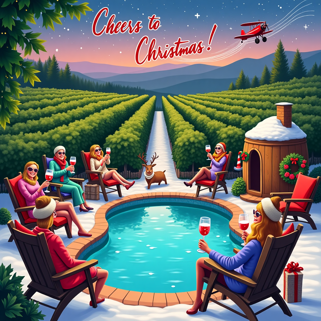 In this vibrant and whimsical Christmas card illustration, picture a cozy, picturesque Sonoma vineyard, gently dusted with a sprinkle of snow. In the foreground, a group of four lively women—each adorned in festive attire with scarves, hats, and Christmas-themed sunglasses—recline in plush, colorful lounge chairs by an elegantly shaped, azure pool that steams slightly in the chilly air. The poolside is lined with lush grapevines that drape overhead like an emerald canopy, each vine festooned with twinkling fairy lights and ornaments. Each woman clinks a glass of rich red wine with a joyful cheer, their glasses reflecting the playful colors of the Christmas lights.

In the background, a charming, rustic wooden wine barrel stands proudly, painted with the words "Cheers to Christmas!" in a playful, looping script. Above the scene, the sky is a soft twilight, painted in deep purples and blues, dotted with stars that twinkle like jewels. Across the sky, the word "Katherine" is whimsically spelled out in contrails left by a small, vintage plane pulling a festive banner, reminiscent of Rockwell's storytelling charm and Beardsley's intricate detail.

Nearby, a quaint and inviting Santa's cabana, complete with a small chimney puffing out curls of fragrant wood smoke, is nestled among the vines. The cabana is adorned with wreaths and red bows, its door slightly ajar, revealing a cozy glow inside. A couple of reindeer, wrapped snugly in garlands, peek curiously over the edge of the pool, sipping from champagne flutes. The scene is a delightful concoction of celebration and relaxation, capturing the essence of a merry girls' getaway.
Generated with these themes: Wine, Girls trip, Sonoma , and Relaxing by pool.
Made with ❤️ by AI.