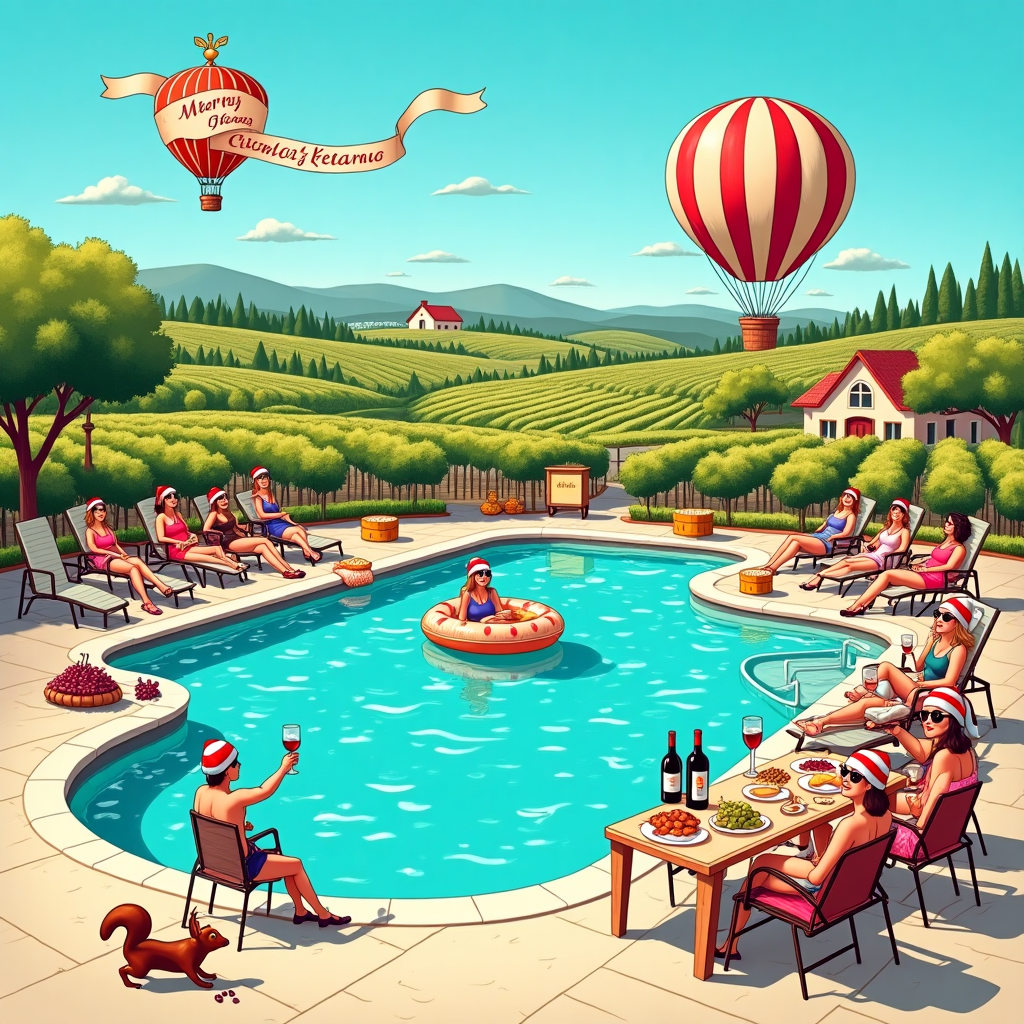 In this whimsical and festive illustration for Katherine's Christmas card, imagine a scene that captures the joyful chaos of a holiday girls' trip to Sonoma, artfully inspired by a mash-up of Norman Rockwell's narrative detail and Quentin Blake's playful linework. Center stage is a vibrant, sprawling pool set amidst the rolling vineyards of Sonoma, its cerulean waters sparkling under a bright winter sun. Around the pool, a lively group of women clad in Santa hats and sunglasses recline on deck chairs, each one clutching a glass of robust red wine, their laughter almost audible through the image.

A nearby poolside table is laden with a haphazard yet artfully arranged picnic spread—cheeses, grapes, crackers, and more bottles of wine, each bottle's label whimsically featuring a different reindeer. Behind the women, the vineyard stretches out in orderly rows, the vines intertwined with twinkling fairy lights and oversized baubles, glistening in festive cheer.

Hovering in the clear, azure sky is a creatively crafted hot air balloon, its basket resembling a giant wine glass and the balloon itself painted with a festive holiday motif. Draped across this airborne spectacle is a flowing banner that reads, "Merry Christmas, Katherine!" in bold, playful script that dances in the breeze.

In the distance, you can spot a small, classic Sonoma mission-style chapel, its bell tower peeking over the hills, hinting at the region's rich cultural tapestry. Scattered around the pool are wine-themed inflatables—think a float shaped like a giant corkscrew and another like a cork—adding a quirky touch to the scene. A curious squirrel, straight out of a Beatrix Potter tale, cheekily peeks from behind a chair, eyeing a runaway grape on the ground, ensuring the scene is brimming with charm and character.
Generated with these themes: Wine, Girls trip, Sonoma , and Relaxing by pool.
Made with ❤️ by AI.