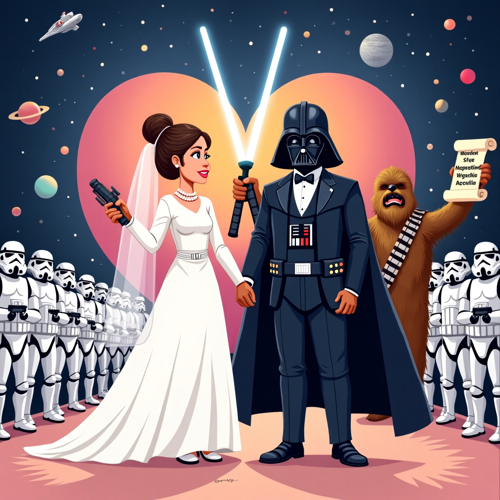 Here’s your prompt:

---

At the top of the illustration image: "Ali & Rich, May the Vows Be With You!"

Create a vibrant, humorous illustration in a fun, cartoonish style:  
Ali and Rich are dressed as a bride and groom but in full Star Wars costumes — Ali wearing a white Princess Leia dress and iconic buns with a bridal veil, and Rich in a black Darth Vader helmet with a tuxedo underneath.  
They're holding lightsabers crossed like a wedding arch above their heads. In the background, a squad of stormtroopers tosses flower petals into the air.  
R2-D2 rolls in carrying the wedding rings on top of his head like a ring bearer.  
Chewbacca officiates the ceremony, holding a scroll that says "Wookiee Approved!" in big playful letters.  
The whole scene is set in a whimsical, colorful space-chapel setting with distant stars, planets, and spaceships forming heart shapes in the background.

The mood is lively, silly, full of playful love and geeky humor.  

Colors are bold and vibrant — lots of bright whites, silvers, light blues, and deep galaxy purples.

--- 

Would you also like a second version just in case you want options? 🚀
Generated with these themes: Star wars.
Made with ❤️ by AI.
