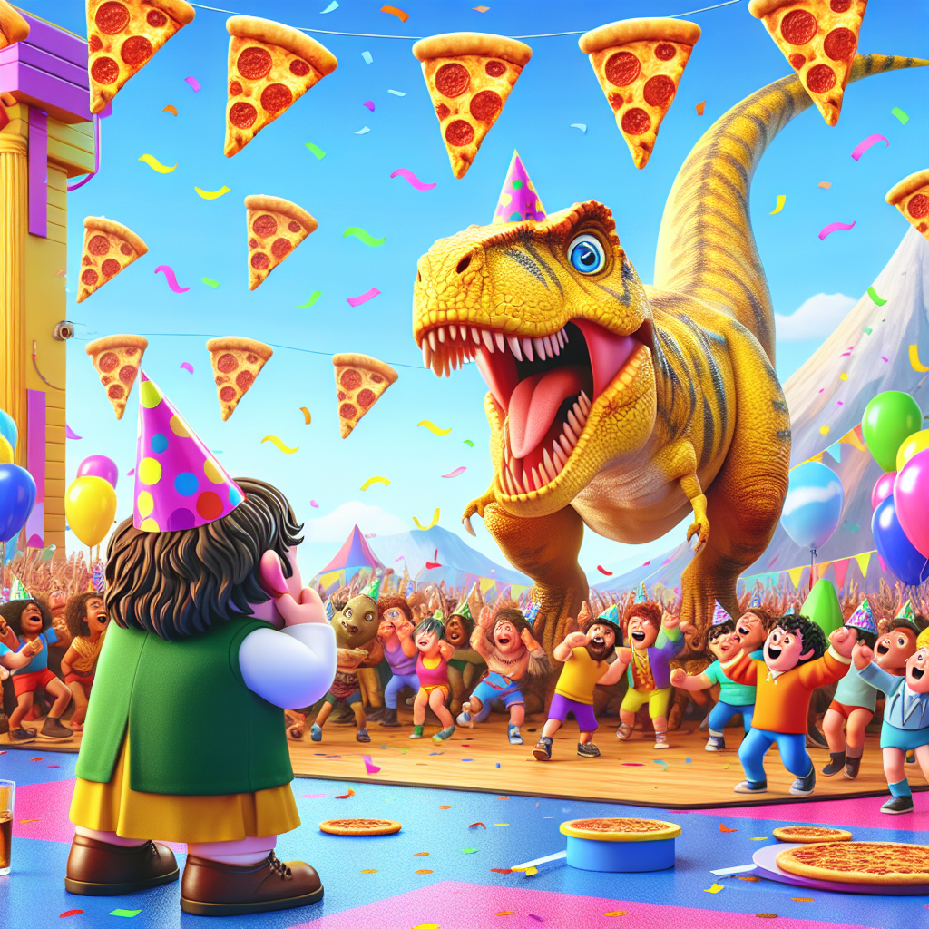 The scene unfolds in a brightly colored animated world where a cheerful T-rex, smiling playfully, is celebrating its birthday. Observing this spectacle with entertaiment, a fascinated hobbit dressed in lively party garments. Simultaneously, cartoon characters of diverse descents and genders are enthusiastically dancing on a dance floor strewn with confetti. The sky above is adorned in a playful and unconventional manner with slices of pizza arranged like party decorations, thus adding a quirky, fun element to the T-rex's birthday celebration.
Generated with these themes: T rex, Hobbit, Dancing, and Pizza.
Made with ❤️ by AI.