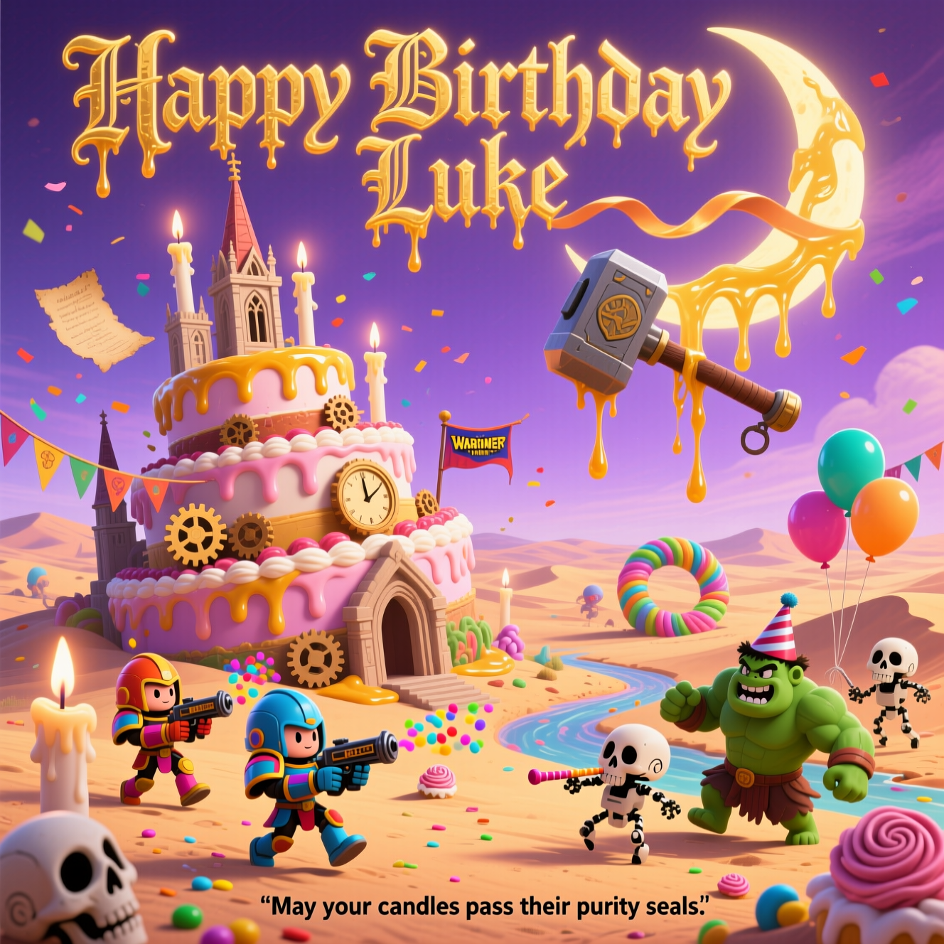 At the top of the Surreal Style image, “Happy Birthday Luke” in molten gothic gold lettering, hovering like a glowing purity-seal ribbon, gently melting.

A Dali-inspired, dreamlike Warhammer-esque tableau: an endless fondant desert under an ethereal violet-gold sky; a colossal tiered cathedral-cake slumps and drips, its gothic spires transforming into tall birthday candles with weeping wax; cogwheels and parchment purity seals flutter like edible confetti; a literal war hammer the size of a crescent moon floats overhead, elongated and oozing honeyed syrup, casting impossibly long, elastic shadows; chibi power-armored crusaders in candy-colored plate armor teeter on candle-stilts, their “bolters” puffing rainbow sprinkles instead of rounds; jovial green brutes in tiny party hats chase giggling servo-skulls piping icing rosettes; balloon-skulls bob and knot themselves into surreal loops; banners melt into rivers of paint; clockfaces droop over frosting dunes; whimsical, funny, and otherworldly; soft volumetric god-rays, shimmering heat mirage, painterly texture, ultra-detailed, high contrast, shallow depth of field.

At the bottom in small text, a cheeky caption: “May your candles pass their purity seals.”
Generated with these themes: Warhammer, and .
Made with ❤️ by AI.