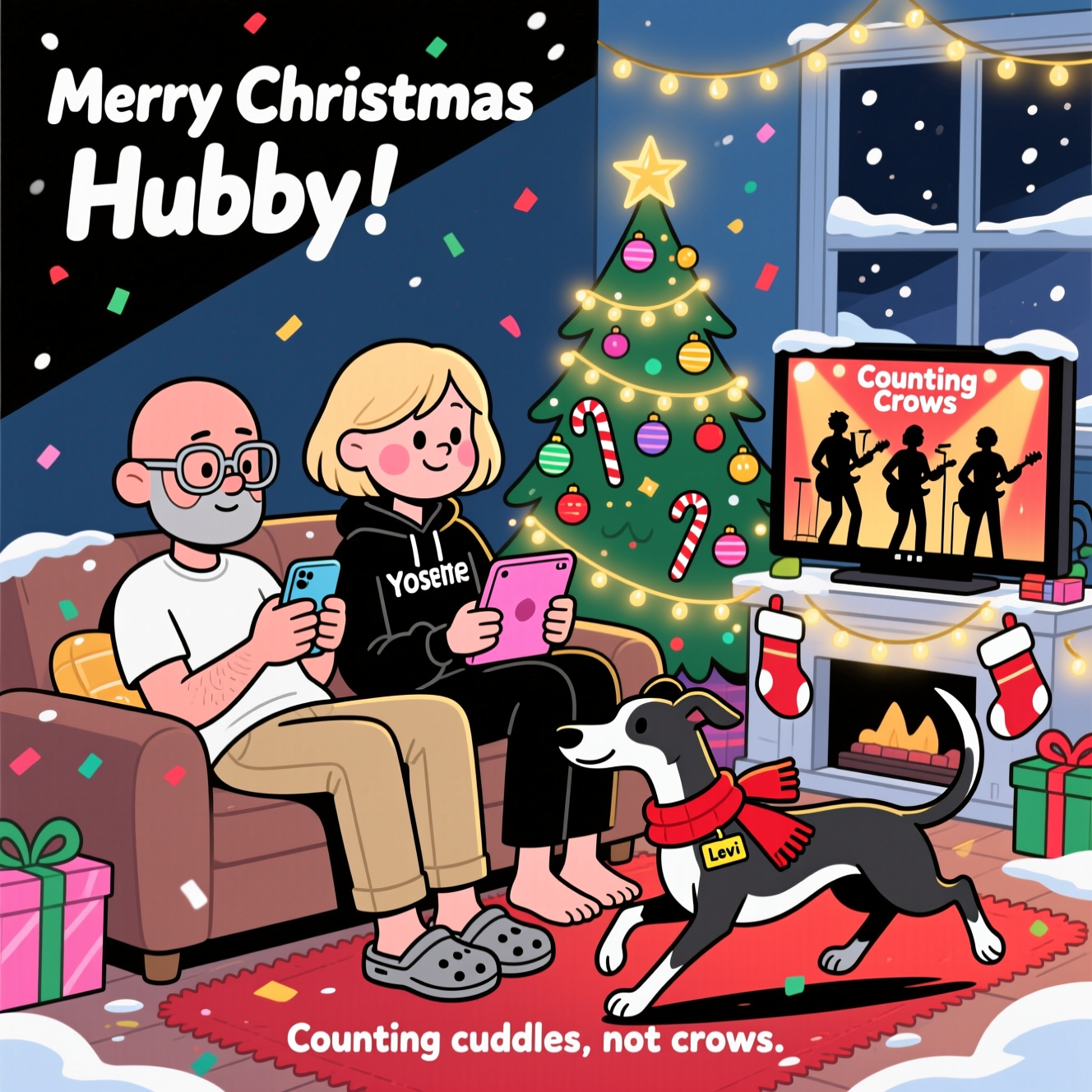 Man with bald hair, no beard, with silver glasses, on his phone, wearing beige chinos and a white t shirt  with grey crocs on feet, and his wife with light  blonde bob hair, Yosemite black hoodie and black trousers and bare feet, on pink iPad, watching the counting crows band on tv., With the their black called Levi, greyhound with white chest, chin and white on tip of tail and white feet, and Christmas Card