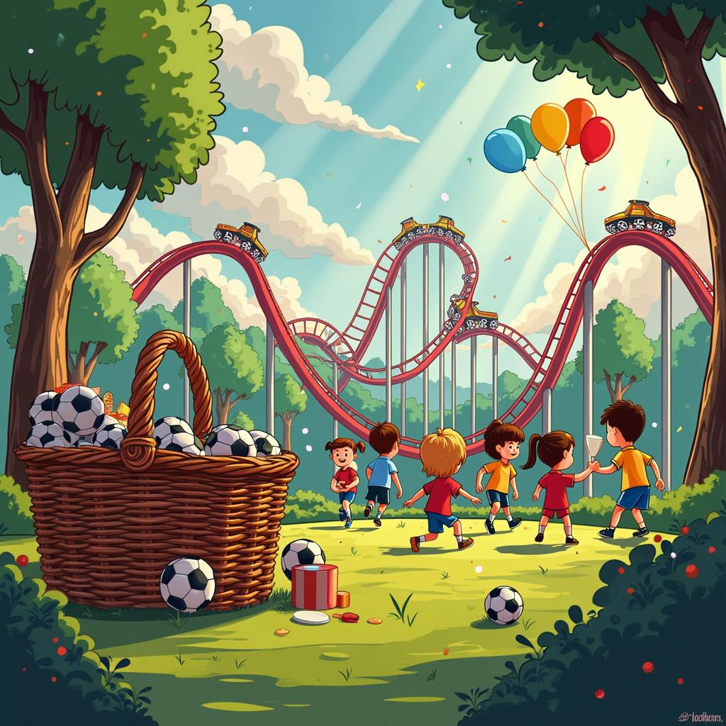 This scene unfolds in a fantastical cartoon birthday party, staged in an amusement park setting. In the foreground, a picnic area features a sizeable wicker basket with a tight weave and a sturdy handle. It's brimming with party favors that are subtly soccer-themed, from small foam soccer balls to whistles emblazoned with soccer patterns. Compared to the basket, a mini rollercoaster encircles the picnic area playfully, its trains are whimsically designed with soccer ball textures and it zooms over intricate, squiggly tracks that look like doodles come to life. In the background, the silhouette of a larger, more daring rollercoaster draws the eye, its expansive loops and twists casting long shadows on the party scene below. The area is punctuated with balloon clusters, each tethered to replicas of soccer balls that serve as inventive balloon weights. Characters in the scene sport jerseys and cleats as they mingle, give gifts, or excitedly board the rollercoaster, under a sky teeming with line-drawn clouds and sunrays beaming down on the joyous occasion.
Generated with these themes: Basket , Soccer, and Rollercoaster .
Made with ❤️ by AI.