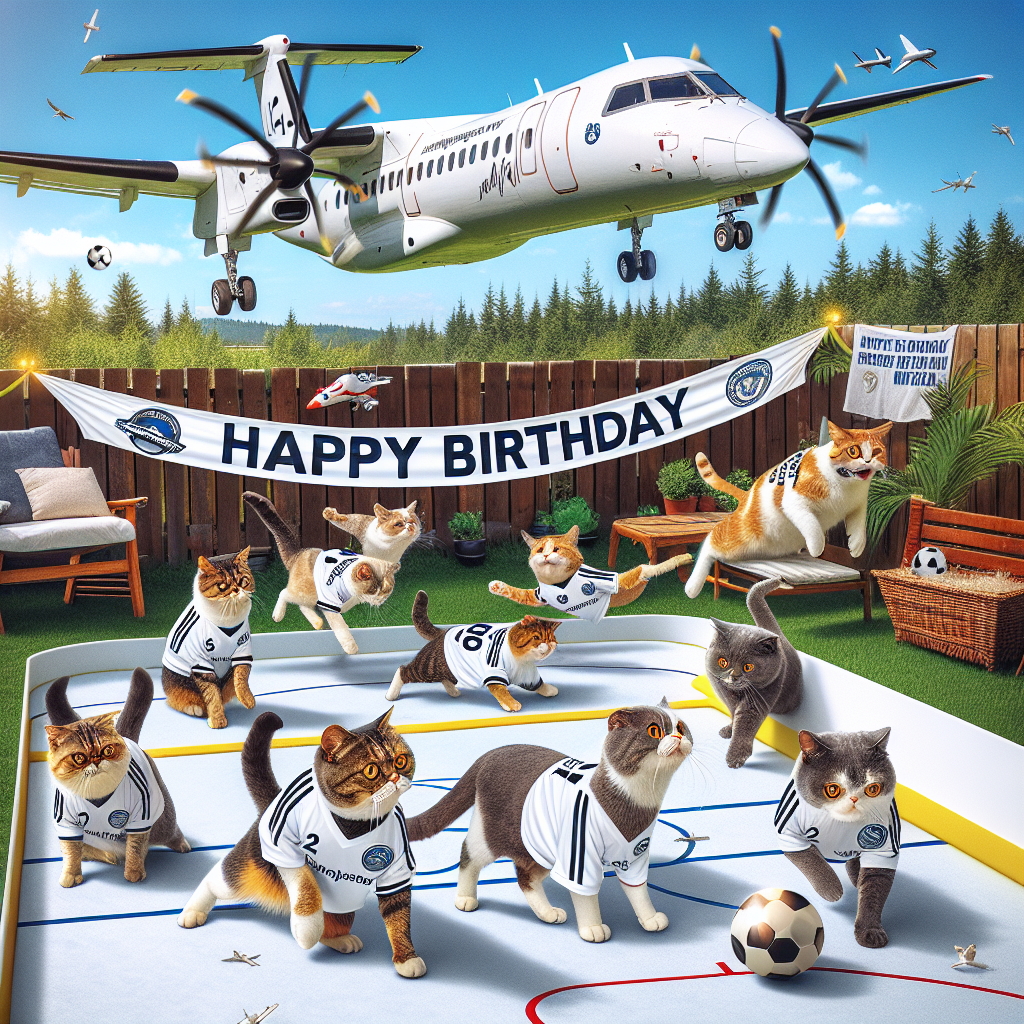 A birthday celebration outdoors with a delightful scene featuring a group of endearing cats. Each feline is wearing jerseys similar to those worn by a non-specific soccer team, playfully chasing a round object around on a small, backyard hockey rink. Above, an impressive twin-turboprop airplane, akin to a King Air 350, graces the sky. It pulls behind it a banner, etched with the words 'Happy Birthday' and a generic emblem representing love for sports. This image blends passions for sport, aviation and pets beautifully.
Generated with these themes: Cats, Tottenham football, Hockey, and King air 350.
Made with ❤️ by AI.