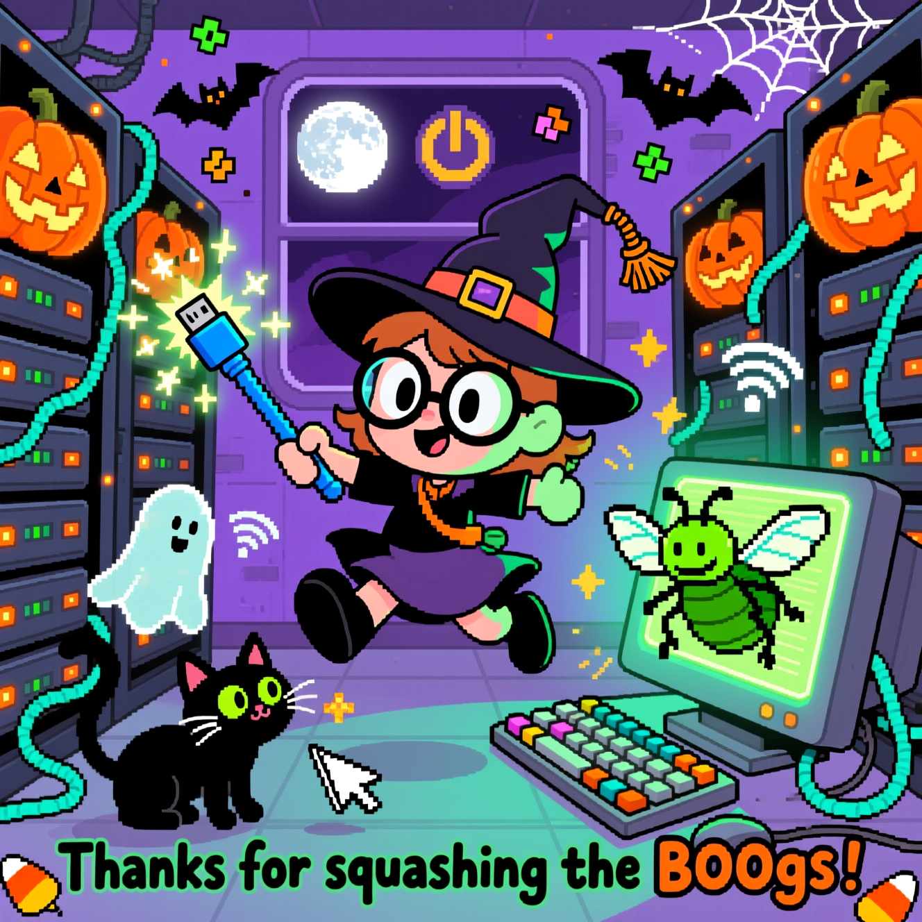 Full-bleed vertical cartoon illustration of a haunted data center. Playful, exaggerated proportions and thick black outlines. In the center, a chibi witch sysadmin with huge round glasses and an oversized hat tipped with an Ethernet cable tassel leaps energetically, swinging a giant neon-blue USB wand that shoots pixel-sparkles. The sparkles bonk a goofy lime-green bug monster with 8-bit wings popping out of a glowing monitor; comical motion lines and stars. Rows of jack‑o’‑lantern server racks glow pumpkin-orange with friendly carved faces; teal cables twist like vines; a black cat with bright eyes bats at a floating cursor near a keyboard made of candy-corn keys. Friendly, translucent ghosts shaped like Wi‑Fi icons swirl around, and cute little bats flit overhead carrying tiny pixel squares. A moonlit window in the back is shaped like a power button; cobwebs and tiny LEDs add whimsy. Vibrant palette: neon purples, pumpkin oranges, slime greens, and electric teals; bold cel-shading and radiant screen glow. Family-friendly, no gore, no extra words.

Add a small, chunky hand-lettered caption at the bottom center (single line), with thick black outline and a slime-green/pumpkin-orange gradient fill:
“Thanks for squashing the BOOgs!”
Generated with these themes: Halloween, Information technology, and .
Made with ❤️ by AI.