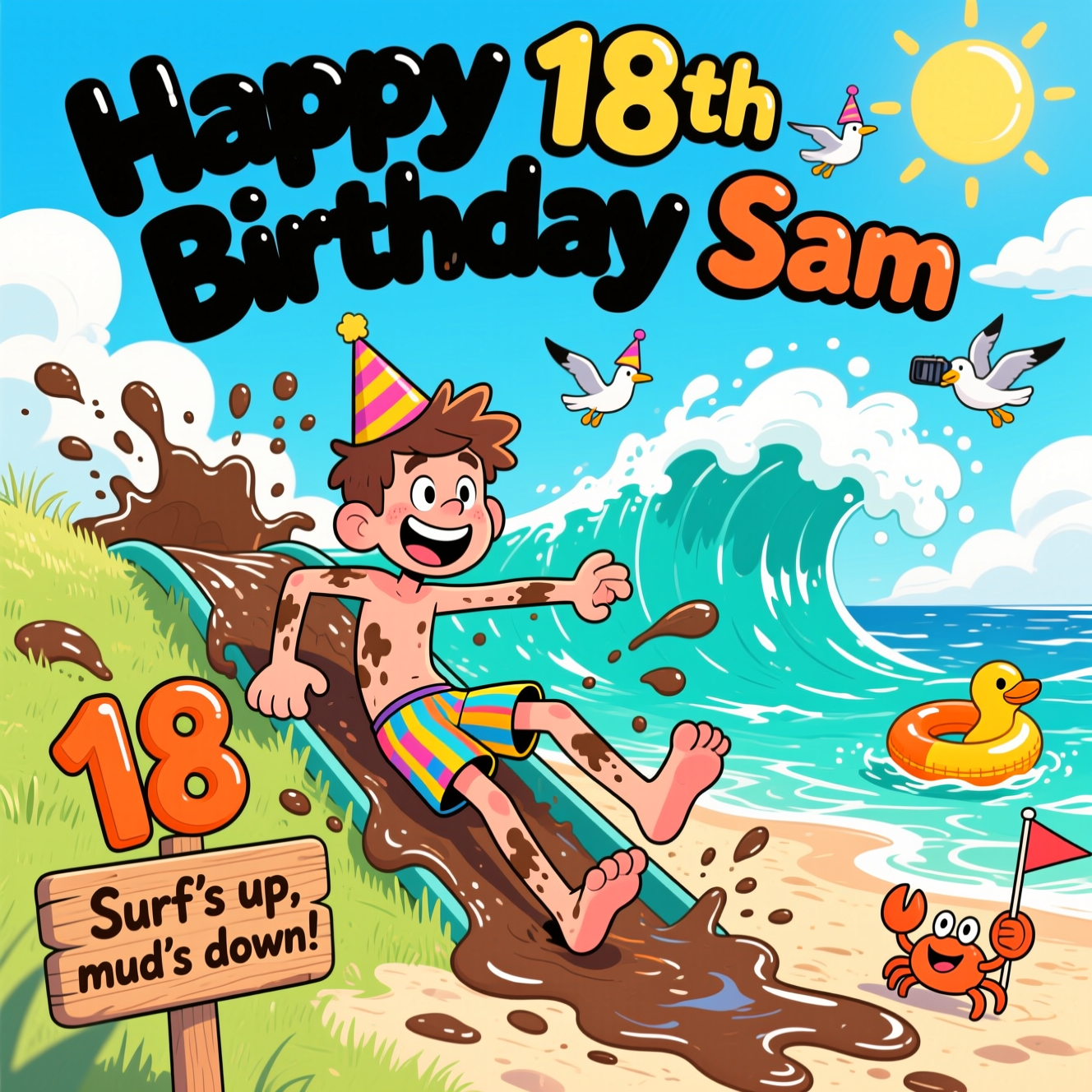 At the top of the Cartoon Style image, "Happy 18th Birthday Sam" in giant bubbly surf letters with thick black outlines, glossy highlights, and a slight wave-arch across a bright, sunny sky.

Playful, funny cartoon beach scene: a lanky 18-year-old teenage boy with exaggerated proportions and a huge grin is belly-sliding down a slick, chocolatey mud ramp from a grassy dune straight into the turquoise sea. Mud splatters arc in chunky, shiny blobs, outlined thickly, while dynamic speed lines emphasize his whooshing descent. He wears vibrant striped board shorts, a crooked party hat, and has comic mud streaks on his cheeks and elbows; his legs kick up behind him in an energetic pose. The sea explodes with oversized, foamy waves—towering teal curls with bright white froth, thick outlines, and sparkling highlights—ready to gobble him up in a joyful splash. A bright sun beams down, puffy clouds float overhead, and goofy seagulls in tiny party hats hover, one snapping a pic. On the water bob an orange inflatable “18” and a rubber duck ring, while a cheeky crab on the shore holds a mini flag. Colors are saturated and punchy, outlines bold and graphic, with playful cel shading, whimsical details, and a dynamic, diagonal composition that feels mid-action, edge-to-edge.

At the bottom, a small wooden beach sign with chunky hand-lettering reads: “Surf’s up, mud’s down!”
Generated with these themes: Teenage boy playing in the sea, Sliding in the mud into the sea with large waves, and .
Made with ❤️ by AI.