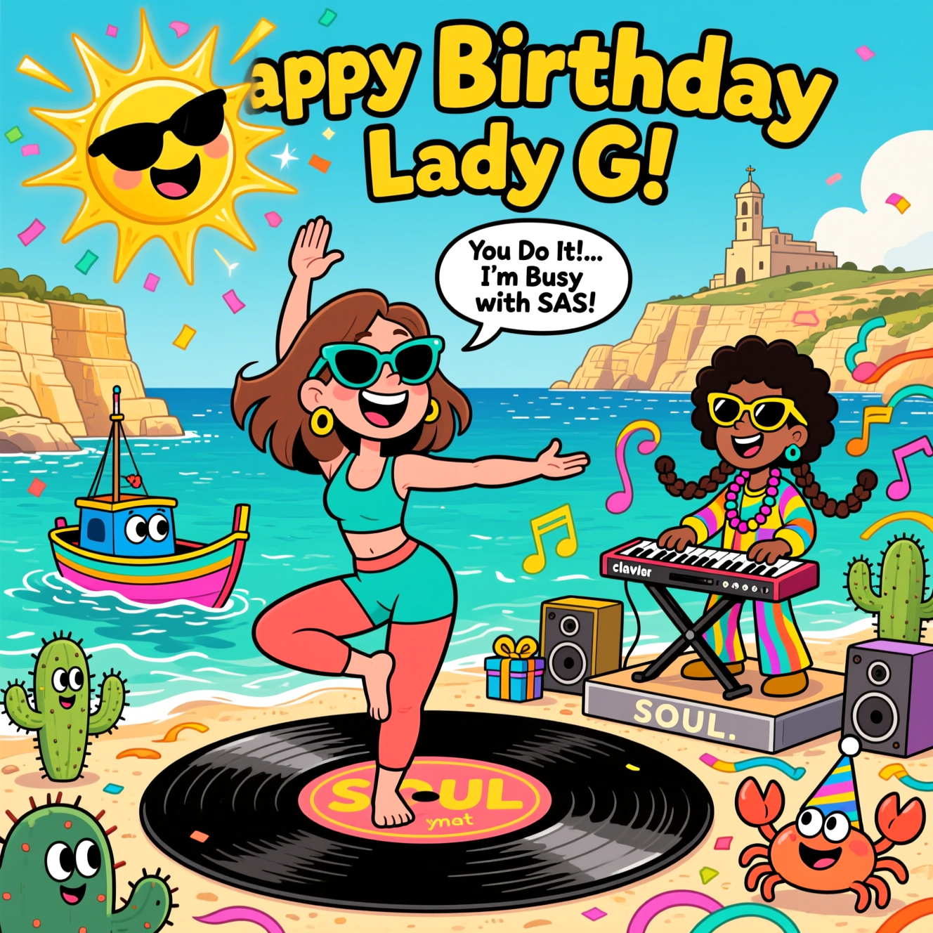 Island of Gozo, having shoulder length medium brown hair, wearing big sunglasses, having a big broad smile, Yoga , Soul music , The singer; Stevie Wonder (especially 70s era), Sunshine, Saying the phrase; "You Do It!... I'm Busy with SAS", and Birthday Card