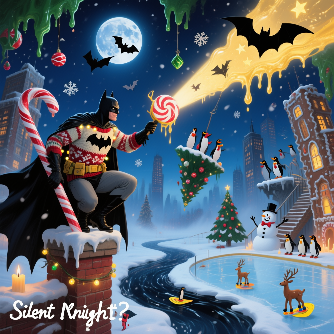 At the top of the Surreal Style image, Merry Christmas Oscar

Dreamlike, Dali-inspired funny Christmas scene in an otherworldly Gotham-night: Batman perches on a chimney that droops like a melting candy cane, his cape elongating into a glossy black river that curls through snow and loops into an ice rink where toy reindeer skate in tiny Batarang skates; he’s wearing a ridiculous knitted ugly-Christmas sweater over the suit—peppermint bats, blinking fairy lights tangled in his utility belt, a candy-cane Batarang poised mid-air. The moon is a peppermint swirl dripping golden starlight, morphing into a colossal bat-signal that casts long, impossible shadows. Gingerbread skyscrapers bend and sag like warm taffy along a horizon that folds upward; upside-down Christmas trees hang from the sky like green stalactites, ornaments liquefying into glossy droplets. Snowflakes fall as origami bats; gargoyle snowmen with bat-ears grin; a chorus of bowtied penguins carols on a floating staircase to nowhere. Ethereal lighting: cobalt moon-glow, warm candle-gold highlights, pearly mist rays streaming from the bat-signal. Palette of midnight blues, silver frost, peppermint reds, and neon yellow. Painterly textures, melting forms, elastic perspective, whimsical humor, crisp but dreamy details. Add a small, cheeky caption near the bottom in shimmering white hand-lettering: Silent Knight? Not tonight.
Generated with these themes: Batman, and .
Made with ❤️ by AI.