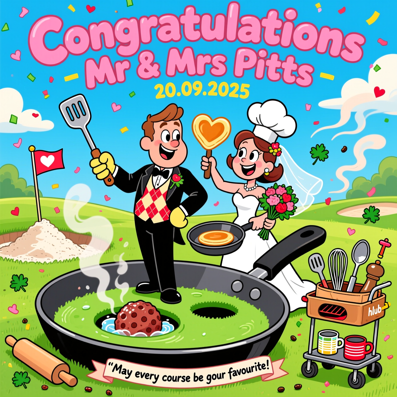 At the top of the Cartoon Style image, in bold, playful bubble lettering, place: Congratulations   Mr & Mrs Pitts   20.09.2025

A funny, vibrant Cartoon Style wedding scene bursting with energy: On a sunny putting green that doubles as a giant frying pan, the newlyweds take center stage with exaggerated proportions, thick black outlines, and bright saturated colors. The groom, in a tux with an argyle golf vest and one oven mitt, swings a long spatula like a driver at a dimpled meatball “golf ball.” The bride, beaming under a chef’s hat perched on her veil, flips a heart-shaped pancake from a skillet “tee,” her whisk bouquet fluttering. The “hole” is a bubbling stockpot inset into the green with a fork-and-heart flag; nearby, a flour “bunker” puffs into the air and a rolling pin caddy bag overflows with “club” utensils—tongs, ladle, whisk, and pepper-grinder tee. Confetti of tiny hearts, pepper flakes, and parsley sprinkles swirl through the sky, with whimsical, energetic motion lines and steam curls forming subtle heart shapes. A mini grill-cart caddy scoots by with measuring cups clinking like cans. Bold, cheerful palette: juicy greens, sky blues, sunny yellows, hot pinks, and glossy reds. Big expressive eyes, wide grins, and lively poses emphasize a playful, romantic mood.

Add a small ribbon caption at the bottom, hand-lettered and cheeky: “May every course be your favourite!”
Generated with these themes: Golf cooking, and .
Made with ❤️ by AI.