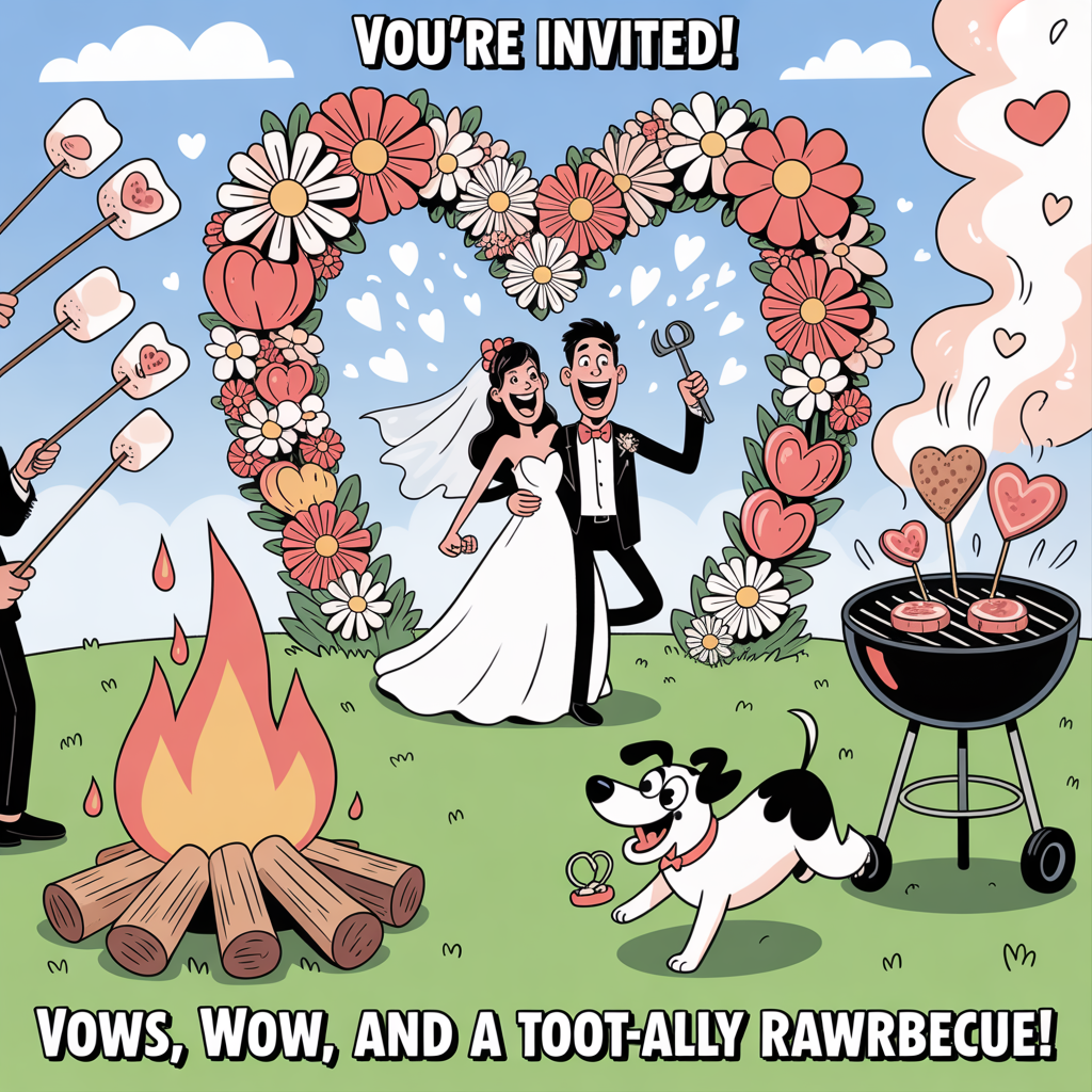 At the top of the Cartoon Style image, "You’re Invited!"

At the bottom of the image, "Vows, wow, and a toot-ally RAWRbecue!"

- Center scene: A lively backyard wedding under a giant heart-shaped flower arch bursting with oversized daisies, roses, and tulips. Two newlyweds with exaggerated, playful proportions beam under the arch—one with a comically long veil fluttering, the other in an oversized bow tie—both mid-giggle in energetic poses.
- Left side: A cozy bonfire crackles, casting a warm glow; guests toast marshmallows on super-long skewers, some marshmallows hilariously melting into heart shapes.
- Right side: A heart-shaped barbecue grill sizzles with cartoonishly plump skewers and heart-shaped veggie patties; fragrant smoke curls into soft heart and flower swirls.
- Foreground fun: A cheerful tuxedo dog trots in with a tiny ring pillow in its mouth, tail wagging so fast it’s a blur; a unimpressed cat in a mini veil or bow tie pads beside it, clutching a teensy bouquet.
- Star gag: A dapper T-rex with tiny arms and a boutonnière huffs into a giant shiny tuba; from the bell, bright musical notes, confetti, and petals billow upward, twirling around the scene.
- Background: String lights and bunting zigzag through a saturated sunset sky—pinks, oranges, and teals—framed by lush, oversize flowers and sprinkled petals on the grass.
- Style: Playful cartoon vibe with thick, inky outlines; bright, saturated colors; bouncy, whimsical energy; exaggerated expressions and poses.
- Lighting: Warm golden-hour glow mixed with the bonfire’s orange flicker; glossy highlights on the tuba and grill.
- Composition notes: Leave generous, uncluttered sky at the top for the headline and a clean, gently shaded strip at the bottom for the punchline; no other text.
Generated with these themes: Bonfire, barbecue, flowers, dinosaur, tuba, cat, dog , and .
Made with ❤️ by AI.