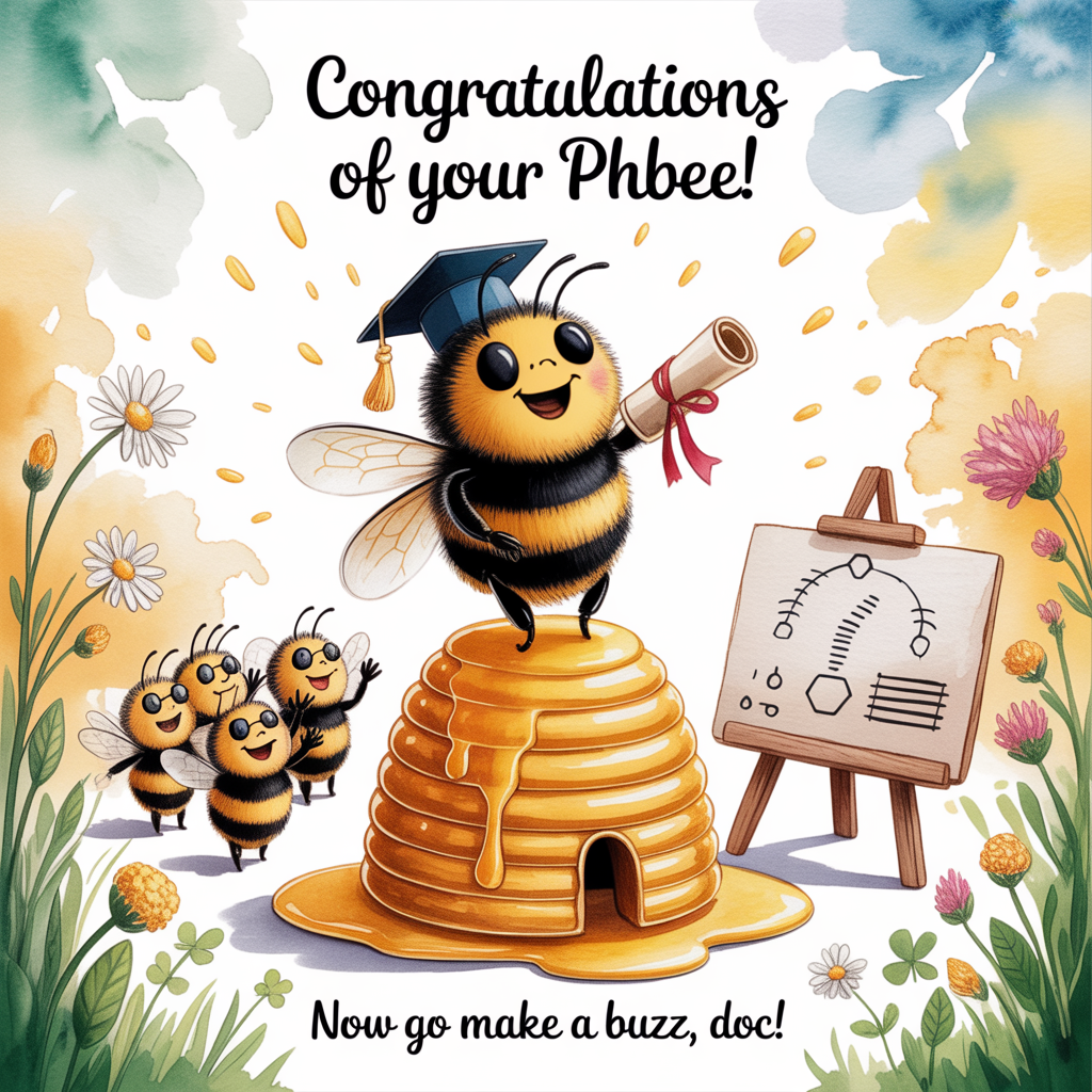 At the top of the Watercolor Style image, "Congratulations of your PhBee!"

At the bottom of the image, "Now go make a buzz, Doc!"

- Center scene: A jubilant, plump honeybee wearing a tiny mortarboard with a honey-drop tassel and a mini lab coat, proudly clutching a rolled diploma tied with a red ribbon. The bee stands atop a gleaming honeycomb podium, with pollen-confetti fluttering like golden snow.
- Around it: A small “committee” of scholarly bees with round spectacles buzz-clapping, and an easel with a soft, sketchy watercolor diagram of a waggle-dance path and hexagon notes.
- Background: Airy sky washes in pale teal and cornflower blue, blending into warm honey-gold near the bottom; delicate pigment blooms and visible cold-press paper texture.
- Florals: Loose, whimsical wildflowers (daisies, clover) framing the scene, petals lightly bleeding into the wash.
- Style notes: Soft edges, subtle gradients, gentle highlights on the honeycomb. Leave generous negative space around the top and bottom for legible hand-painted brush-script text. Palette: honey ambers, buttery yellows, soft teals, blush pinks, and inky charcoal for outlines.
Generated with these themes: Bees, Phd, and .
Made with ❤️ by AI.