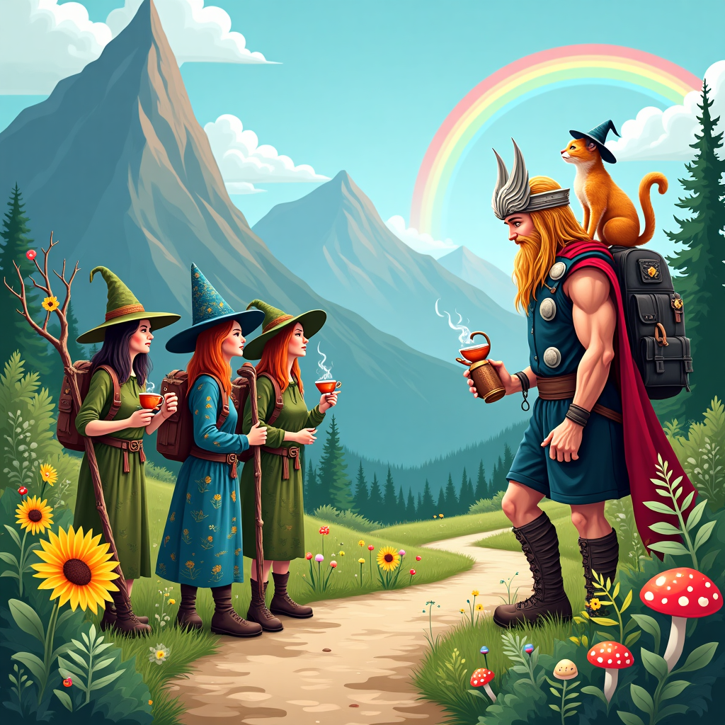 In the bustling foreground of the birthday card, a scene unfolds with charming chaos, borrowing elements from both classical fantasy and whimsical storytelling. Picture a winding hiking trail set against a backdrop of towering, enchanted mountains. To the left, a group of three witches, dressed in patchwork robes adorned with symbols of herbs and constellations, are paused mid-hike. Each witch holds a hiking stick made from gnarled branches, with tiny mushrooms sprouting from the ends. Their wide-brimmed hats are decorated with fresh ivy and little blooming flowers, giving them a green, vibrant appearance. One witch is pouring steaming, magical tea from a copper kettle into a mismatched set of cups that float mid-air.

To the right, Thor himself is a delightful spectacle. In a humorous twist, he's dressed for the trail in hiking boots and shorts, with his famous hammer, Mjolnir, hanging off a belt loop. He's deeply engrossed in a conversation with a fluffy, orange tabby cat that sits atop his backpack. The cat, wearing a small wizard hat, appears to be giving Thor hiking tips, pointing ahead with its paw.

Behind them, the trail is lined with a variety of fantastical plants, their colors vivid and unreal – towering sunflowers with faces, ferns that seem to wave hello, and delicate, bioluminescent fungi that light up the path. Above, a blue sky dotted with cartoonish clouds frames the scene, and in the distance, a hint of a rainbow peaks through, casting playful, multicolored shadows over the hikers.

This imaginative tableau is not only a birthday scene but a charming narrative, combining the magical elements of witches, Norse mythology, and the joy of an adventurous hike, with the added quirk of a cat's sage advice.
Generated with these themes: Witches, Thor , Plants , Cat, and Hiking.
Made with ❤️ by AI.