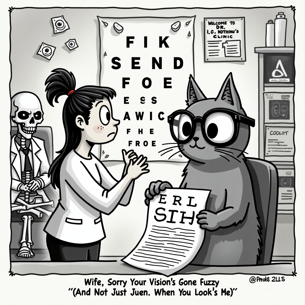 At the top of the illustration image: *Wife, Sorry Your Vision’s Gone Fuzzy (And Not Just When You Look at Me)*

**Illustration Prompt:**  
A comically confused woman peering at a blurry eye chart where the letters hilariously rearrange themselves to spell "SEND HELP." Next to her is a very smug-looking cat wearing giant coke-bottle glasses and holding the actual prescription paper like it's solved the mystery. One eye of the cat is winking at the viewer. In the background, there’s an optometrist skeleton wearing a white coat and dozing in a chair, with a sign on the wall that says, "Welcome to Dr. I. C. Nothing's Clinic." The walls are covered with crooked diplomas and x-rays of googly eyes. Everything in the room is a bit out of place or reversed, exaggerating the “eyes worse” theme with humorous, visual wordplay and ironic chaos.
Generated with these themes: eyes worse.
Made with ❤️ by AI.