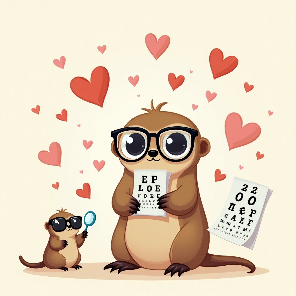 At the top of the illustration image, "Wife, my love for you is 20/20—even if your eyes are more ‘Oops!’ than Optometrist!"

**Illustration Prompt:**  
A cartoon-style image of a sweet but dazed-looking character (resembling a mix between a mole and a romantic sloth), wearing comically oversized, thick-lensed glasses that make their eyes hilariously distorted and huge. They're holding a magnifying glass and staring at a blurry love letter upside down. Surrounding them are floating heart-shaped eye charts and romantic phrases that are slightly misspelled ("Eye Love Yuu"). There's a tiny seeing-eye dog in training, wearing sunglasses and face-pawing in the corner.  

**Color palette:** Warm pastel tones with pops of red and pink for the hearts and soft blue hues for the eye-related accessories.

**Mood:** Whimsical, tenderly teasing, lightheartedly sympathetic.
Generated with these themes: eyes worse.
Made with ❤️ by AI.