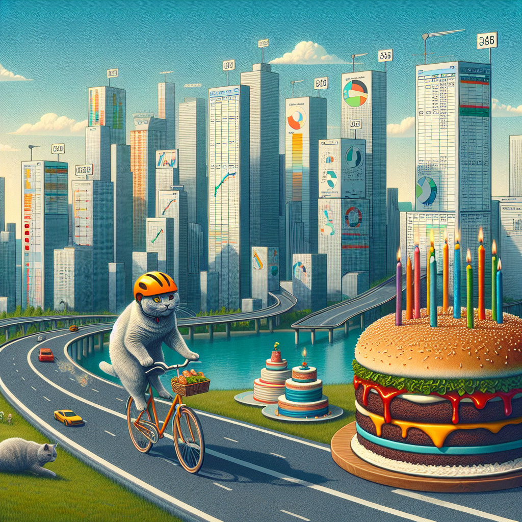 Happy cat riding bike wearing helmet, Ketchup, Birthday cake, Road cycling, Data, Spreadsheets, and Burger Birthday Card