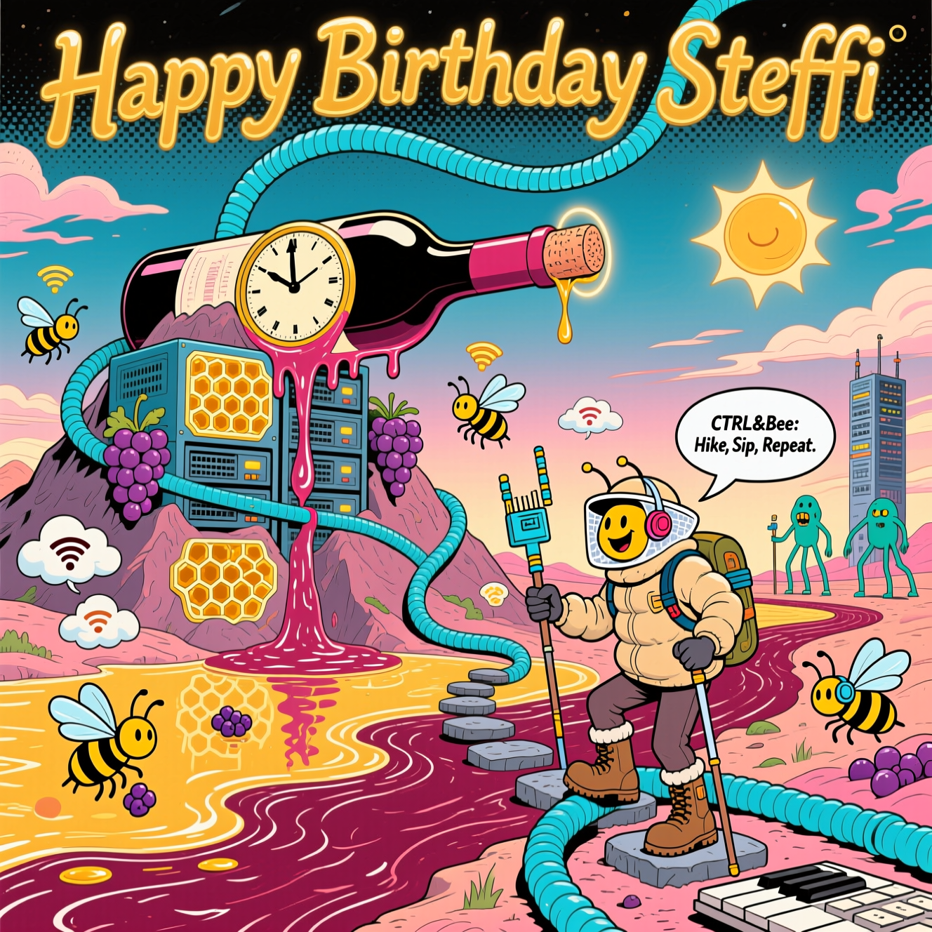 Please create a birthday card  IT,  beekeeping, hiking, wine, comic style , and Birthday Card