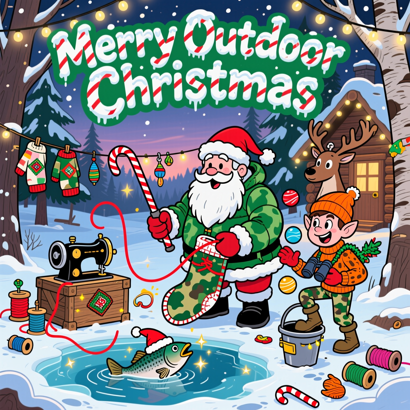At the top of the Cartoon Style image, add the text "Merry Outdoor Christmas" in bold, chunky hand-lettering with frosty white fill, peppermint-red stripes, and a pine-green outline, gently arched with a dusting of snow.

Playful Cartoon Style, exaggerated proportions, thick black outlines, bright saturated colors, whimsical energetic poses. Full-bleed portrait scene in a snowy evergreen clearing by a cozy log cabin at twilight, twinkly string lights overhead. Center: Santa in an oversized green camo puffer and red hat ice-fishes on a frozen pond with a candy-cane-striped rod whose “line” is bright red thread unspooling from a giant bobbin; the looping thread stitches a goofy camo pattern onto a giant fish-shaped stocking running through a vintage sewing machine on a wooden crate, motion lines and sparkles. A grinning elf in camo waders teeters on an upturned bucket, juggling ornament-bobbers; one bobber dangles from Santa’s beard. A reindeer in a hunter-orange beanie and tree-bark camo sweater “hides” behind a birch, binoculars up, hugging a tinsel-wrapped duck decoy. From the ice hole, a trout in a tiny Santa hat pops up, tangled in fairy lights. Between pines, a clothesline displays patchwork camo mittens, lure ornaments, and embroidered patches; colorful spools of thread, needles, thimbles, candy canes, and funny fish-tail footprints dot the snow. Dynamic swoops of thread lead the eye, big smiles and slapstick poses; cel-shaded highlights, sparkling snow, warm cabin glow.

At the bottom on a small wooden sign in the snow, add the cheeky caption: "Deck the halls with rods and bobbins!"
Generated with these themes: Hunting camo fishing sewing, and .
Made with ❤️ by AI.