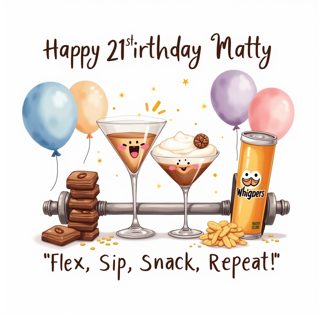 At the top of the Watercolor Style image, write in playful hand-painted script: **Happy 21st Birthday Matty**  

Create a cute and whimsical watercolor illustration:  
- In the center, a cheerful cartoon dumbbell with rosy cheeks and big sparkling eyes, flexing its arms proudly.  
- Next to it, a smiling espresso martini glass with frothy top, garnished with three little coffee beans that look like confetti.  
- A stack of shiny Whisper chocolates (painted softly like rounded watercolor pebbles) with one unwrapped, blushing as if it’s part of the celebration.  
- A tall, cheeky Pringles tube leaning playfully against the dumbbell, with a few crisps tumbling out like golden birthday petals.  
- Balloons in pastel watercolor washes floating in the background, soft blues, pinks, and purples, with a gentle splatter effect to add festivity.  
- At the bottom, a small cute caption in a fun brush-lettered watercolor style: **“Flex, Sip, Snack, Repeat!”**  

Overall mood: soft, celebratory, and cute, with watercolor textures, pigment blooms, and delicate gradients to make it feel airy and playful.  
Generated with these themes: Body building , Expreso Martini , Whisper Chocolat , Pringles crisps, and .
Made with ❤️ by AI.