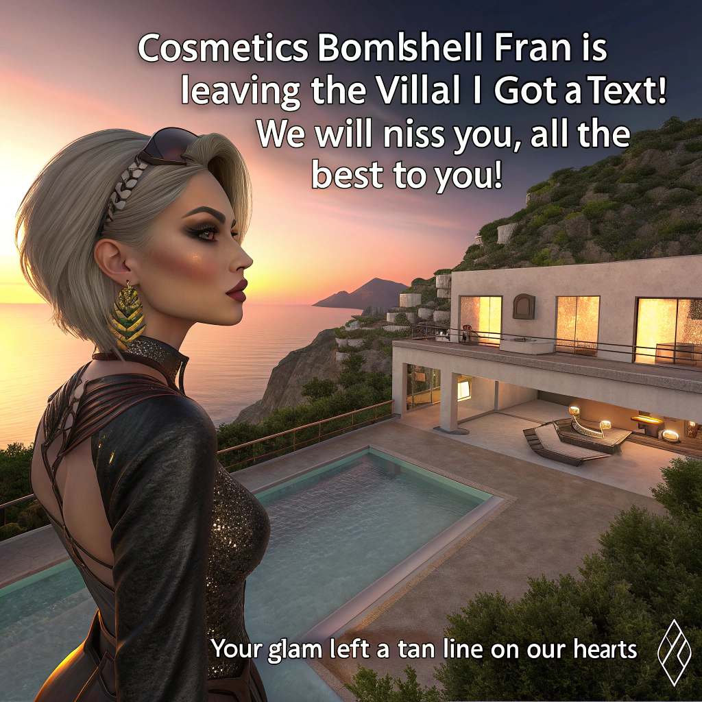 At the top of the Photorealistic picture taken from a camera image, "Cosmetics Bombshell Fran is leaving the Villa!  I got a text!  We will miss you, all the best to you!"

At the bottom of the image, "Your glam left a tan line on our hearts."

Ultra‑high‑definition 4K UHD, lifelike textures, rich depth of field, camera-captured realism. Golden-hour sunlight on a modern Mediterranean villa terrace overlooking an infinity pool. Foreground: Fran in edgy-alternative glam—winged eyeliner, metallic highlighter, bold lipstick, tiny nose ring, pastel-pink undercut, leather jacket over a neon bikini top, distressed denim shorts, chunky platform boots—mid-stride with a rolling suitcase covered in lipstick-kiss and music-note stickers. Around her, 3–4 close friends in alt styles (fishnets, chain belts, tattoos, bold makeup) laugh and hug; one holds a giant foam smartphone prop showing a big speech bubble “I GOT A TEXT!”, another sings into an oversized makeup brush, another cues a compact DJ controller next to a portable speaker.

On a low table: open eyeshadow palettes spilling glittery confetti, makeup brushes fanned out, setting spray mid-mist catching sun sparkles. Background: palm trees and sea horizon bokeh, a pink inflatable flamingo bobbing in the pool, Polaroids pegged along a string, a warm neon heart sign reading “The Villa” on white stucco. Comedic touches: a friend with dramatic “waterproof mascara” tear tracks and a cheeky grin; the flamingo strapped to Fran’s suitcase with tape labeled “Take me!”; lipsticks on the deck subtly spelling “BYEEE”.

Lighting and camera: natural golden backlight with soft lens flare; 35mm prime, f/2.2, shallow depth—sharp subjects, creamy background; realistic skin texture, rich dynamic range, gentle reflections on the water. Color: sun-warmed tones with pops of neon makeup and black leather accents. Composition: candid, slightly low angle, rule-of-thirds framing with clean sky space reserved for the headline and clear pool deck space for the bottom punch line. Typography: top headline in bold playful sans-serif, white with a soft hot-pink outline and subtle drop shadow for readability; bottom line smaller, clean italic white, centered. No borders or watermarks.
Generated with these themes: Love island, Makeup, Music, Edgy alternative style, Friendship, and .
Made with ❤️ by AI.