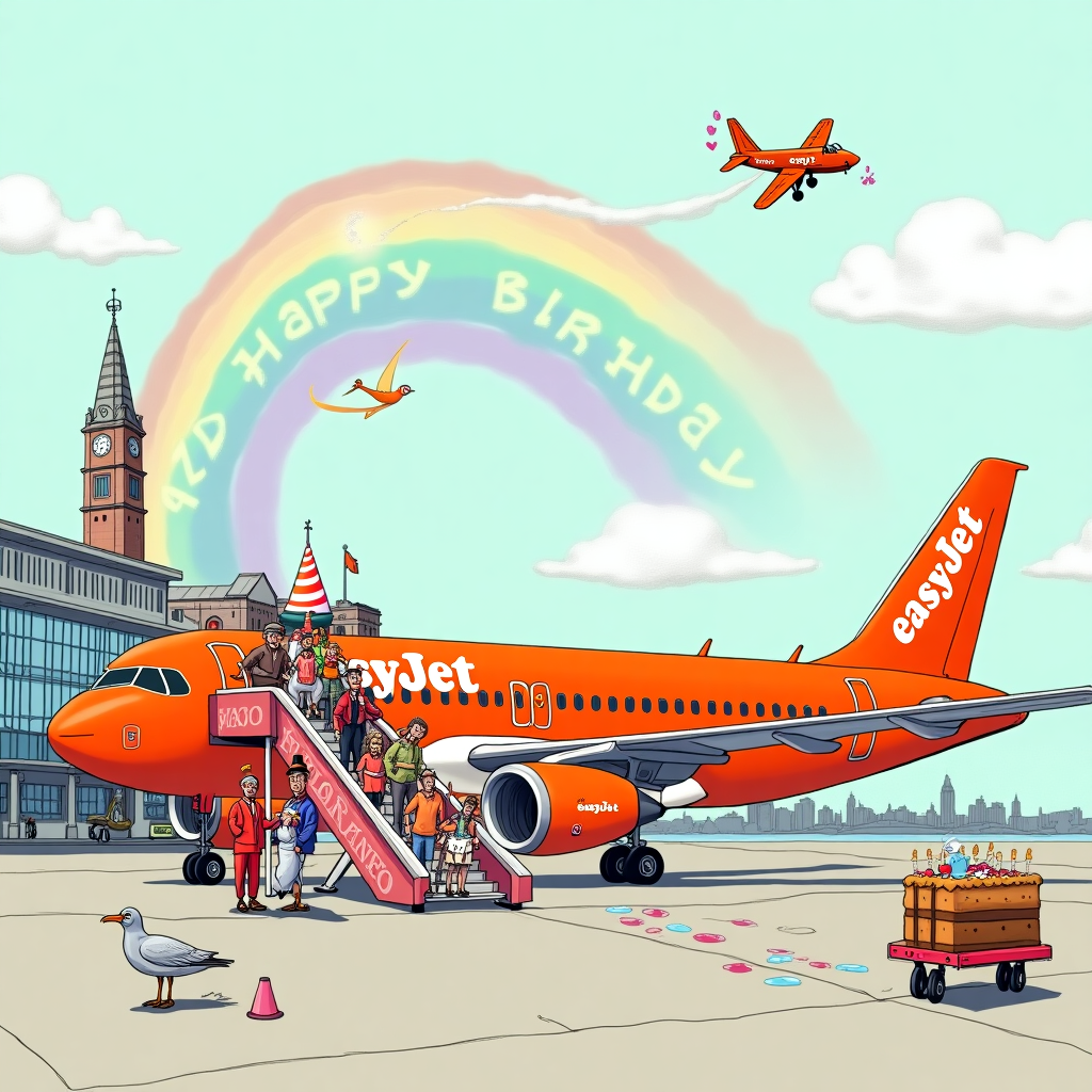 The birthday greetings card front cover features a whimsical scene that playfully blends the themes of easyJet and Liverpool. Imagine an energetic depiction of a bustling airport runway on the famous Liverpool waterfront, whimsically transformed into a mini-cityscape. In the foreground, a bright orange easyJet plane, with cartoonish exaggerated proportions reminiscent of Quentin Blake’s playful linework, is parked with its nose pointing toward the viewer. The plane has a large, comically oversized birthday hat perched jauntily on its tail fin, and colorful streamers trail from its wings. To the side of the plane, a queue of Liverpudlian caricatures—dressed in vibrant Beatles-inspired outfits—are boarding via a stairway adorned with Merseybeat musical notes. Each character is humorously exaggerated in true Norman Rockwell style, capturing their anticipation and joy. Nearby, a playful seagull, styled with the elegance of Beatrix Potter's animal characters, perches atop a luggage trolley, cheekily pecking at a slice of birthday cake left unattended. In the background, the iconic Liver Building can be seen, rendered with a dash of Maxfield Parrish’s atmospheric touch, its famous Liver Birds curiously gazing at the airport shenanigans below. A rainbow arcs across the sky, a nod to Liverpool’s vibrant culture, with a small biplane trailing a banner that reads, "Happy Birthday!" in playful, looping script. Every element is carefully detailed to create a dynamic and engaging birthday scene that perfectly captures the spirit of adventure and celebration.
Generated with these themes: easyJet Liverpool .
Made with ❤️ by AI.