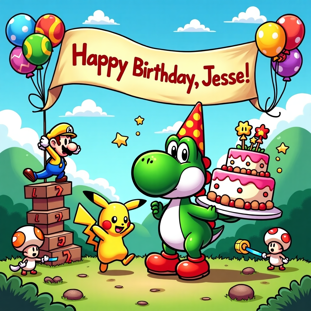 **Front Cover Design Description:**

*Scene Overview:*  
Create a vibrant, playful cartoon scene that merges elements from Nintendo's classic universe with a birthday party setting. The style should be a delightful mix, pulling inspiration from classic comic strip artists, with exaggerated features and whimsical, bold outlines. The scene should be buzzing with activity, capturing the essence of a fun birthday celebration.

*Background:*  
The background is a lush, green, rolling landscape reminiscent of Yoshi’s Island. Add a bright blue sky dotted with fluffy, cartoon-style clouds. The clouds should have a subtle resemblance to Pokémon, like Jigglypuff or Togepi, as a playful Easter egg.

*Main Characters and Elements:*

1. **Yoshi:**  
   Place Yoshi at the center, wearing a colorful party hat with polka dots. His eyes should be wide and expressive. He stands proudly holding a large, tiered birthday cake with different Pokémon on each layer, like a Pikachu cake topper.

2. **Pikachu:**  
   On the ground near Yoshi, Pikachu is jumping excitedly, tiny sparks flying from its cheeks. It should be clutching a string of brightly colored balloons shaped like Poké Balls.

3. **Luigi and Toad:**  
   Luigi is on the left side, comically struggling to hang a large, banner that reads "Happy Birthday, Jesse!" The letters on the banner are made of colorful mushrooms and stars. Toad assists him, standing on a stack of question mark blocks, holding a roll of tape.

4. **Toad's Helpers:**  
   Smaller Toads scatter around, some carrying presents wrapped in wrapping paper featuring familiar Pokémon patterns like Charmander flames or Bulbasaur’s vine designs.

5. **Additional Details:**  
   - Scatter stars and coins around the ground, similar to Super Mario power-ups.
   - Have a few small mushrooms sprouting around the scene for an extra pop of color.
   - Include subtle details, like a small Mario-themed party horn near Luigi’s foot.

*Colors and Style:*
Use bright, saturated colors with bold outlines typical of a comic strip. Characters should have slightly exaggerated, whimsical proportions to emphasize a playful tone. Integrate a mix of textures from smooth surfaces of balloons to the fluffy frosting on the cake, reminiscent of Bill Watterson’s detailed backgrounds. Keep the overall design full of dynamic energy and cheerful, eye-catching elements.

This engaging and vibrant birthday scene is sure to bring joy and delight, with each detail adding to the overall charm and celebration of Jesse’s special day.
Generated with these themes: Nintendo, Pokémon, Yoshi, Toad, Luigi, Pikachu.
Made with ❤️ by AI.