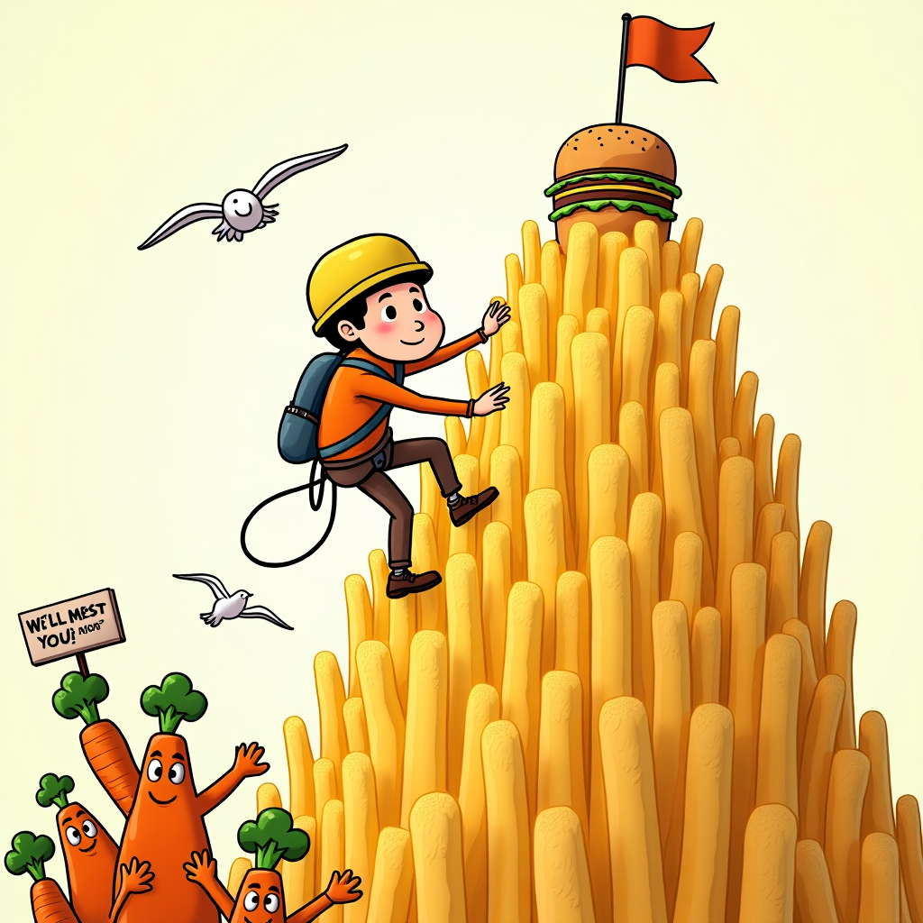 At the top of the illustration image: *"So long, Michael – may your climbs be steep and your curly fries endless!"*

**Image Prompt:**  
A quirky cartoon-style illustration of Michael, dressed as a climber with a helmet and harness, scaling a towering mountain made entirely out of giant golden curly fries. Instead of chalk, he has tofu blocks clipped to his harness. At the summit of the curly fry mountain sits a zen-looking vegan burger on a little flagpole, glowing like a holy relic. Seagulls shaped like broccoli fly by in the background, and below the mountain, a cheering group of cartoon veggies (carrot with a sign saying "We’ll miss you!") wave goodbye with leafy arms. The mood is whimsical and humorous, bursting with golden tones, vegan food gags, and climbing references.
Generated with these themes: They love climbing, curly fries their vegan.
Made with ❤️ by AI.