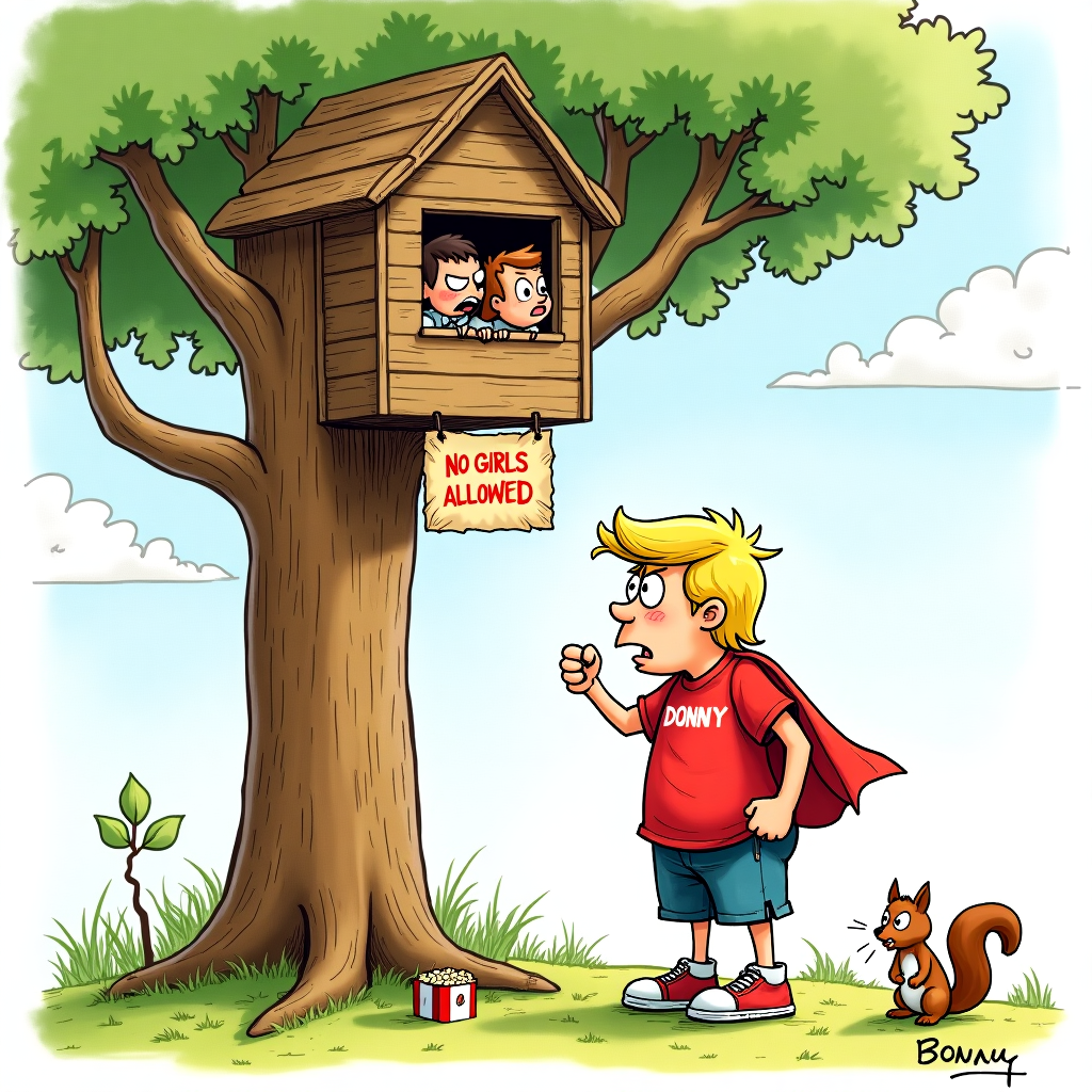 "no girls allowed" sign on treehouse, and Donald Trump as a boy in shorts and a dirty t-shirt standing menacingly below Sympathy Card