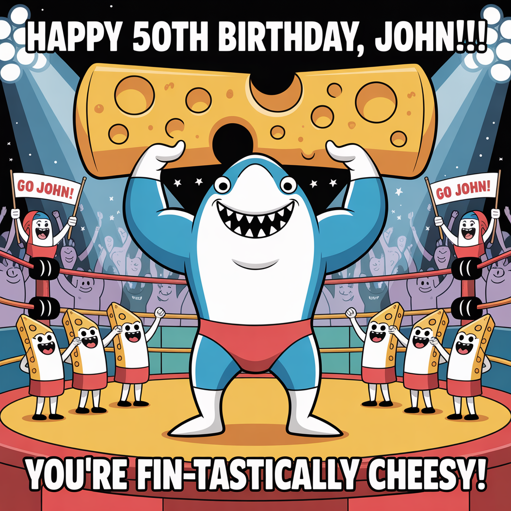 At the top of the image, "Happy 50th Birthday, John!!":

At the bottom of the image, "You're FIN-tastically Cheesy!"

- Create a playful cartoon scene where a buff, anthropomorphic shark, dressed in a wrestling singlet, triumphantly holds a giant mozzarella cheese stick like a championship belt. 
- The shark sports a goofy grin and exaggerated muscles, while several smaller cheese sticks cheer from the sidelines, waving little flags with "Go John!" printed on them. 
- The background is a colorful wrestling ring, complete with bright spotlights and a lively crowd of cheering sea creatures.
Generated with these themes: Shark, mozzarella cheese sticks, wrestling, and .
Made with ❤️ by AI.