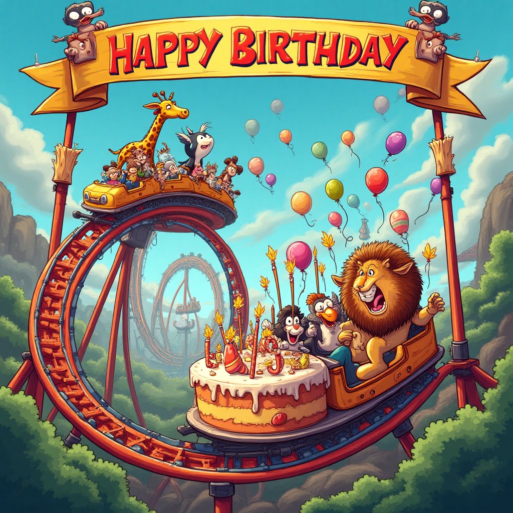 At the top of the Cartoon Style image, write "Happy Birthday".

Imagine a wildly colorful cartoon scene set in an amusement park with a towering, twisty rollercoaster and a dramatic drop ride. The rollercoaster cars are filled with animated animals, like a giraffe with a comically long neck bending with every loop, a penguin clutching its hat, and a lion looking both excited and terrified, mane flapping in the wind. The drop ride is home to a group of cheerful balloons with faces, arms, and legs, screaming in delight as they plunge. A large, playful birthday cake appears to be riding one of the rollercoaster cars, candles flaring up like tiny fireworks as it zooms down the tracks. Above this lively chaos, a colorful banner held by two laughing birds reads, "Another Year of Epic Highs and Wacky Drops!"
Generated with these themes: Rollercoaster, drop rides, and .
Made with ❤️ by AI.