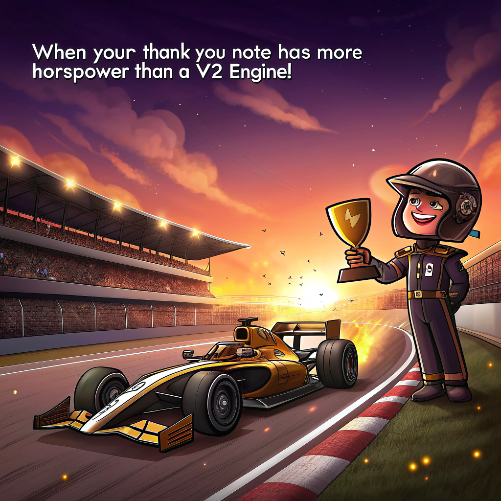 At the top of the image, "When your thank-you note has more horsepower than a V12 engine!"

– In the center of the cartoon image, depict a dramatic sunset casting a warm orange and purple glow over a bustling racetrack.  
– A sleek black and gold APEX Formula One car is shown zooming across the finish line, with exaggerated flames and sparkles trailing from the exhaust like a rocket ship.  
– The driver (a smiling, helmeted cartoon character) holds a giant thank-you card instead of a trophy out the top of the cockpit, waving it enthusiastically.  
– In the crowd, a bunch of hilariously overexcited fans cheer while holding oversized foam fingers that say "THANKS!" and "YOU’RE FAST & FABULOUS!"  
– In the sky, a skywriter plane leaves a puff-cloud message that says “GRATITUDE GRAND PRIX: 1st Place – YOU!”

At the bottom of the image, add: "Thanks for turbo-charging my day — you're the real MVPit Stop!"
Generated with these themes: A black and gold formula one car from the APEX team wins a Grand Prix at sunset in front of a cheering crowd.
Made with ❤️ by AI.