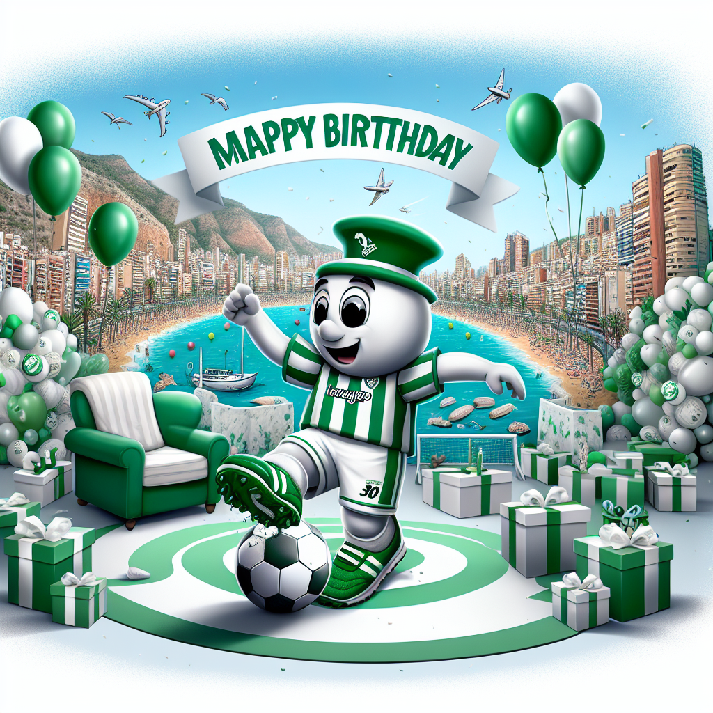 Imagine a comfortable birthday celebration, set with a whimsical representation of Benidorm's skyline as the backdrop. The central figure is an endearing, unbranded mascot in a green and white outfit, playfully kicking a football without any logos on it. The entire scene is featured within the festive decorations and balloons colored in the green and white shades of a generic football team. The birthday theme is subtly incorporated into this charming illustration, demonstrating subtle artistic integration.
Generated with these themes: Celtic football club, Pepsi , and Benidorm .
Made with ❤️ by AI.