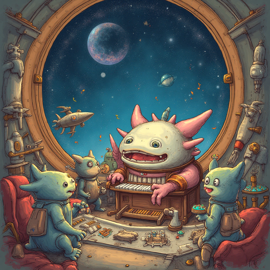 At the top of the Illustration Style image, include the text: "Thank you Phillip".

**Image Description:**

Create a whimsical scene set inside a space ship control room, where an axolotl with an astronaut helmet is at the helm, cheerfully pressing buttons and pulling levers. Surrounding the axolotl are various quirky alien creatures harmoniously playing a church organ, with some pipes humorously shaped like rocket boosters. The organ emits colorful musical notes that float around the room, creating a playful atmosphere. In the background, a large window reveals a stunning view of a galaxy filled with twinkling stars. The entire scene is hand-drawn with fine linework, textured brush strokes, and a warm, expressive color palette, perfectly capturing the joy and humor of this cosmic thank-you moment. 

Add a small, cheeky caption at the bottom: "When the universe needs a maestro, call Phillip!"
Generated with these themes: Axolotyl, Space ship control room, Church organ, and .
Made with ❤️ by AI.