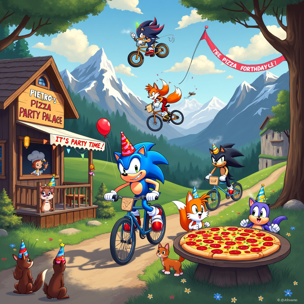 The scene is a lively, humorous birthday celebration set in a picturesque mountain valley. At the center, Sonic the Hedgehog is racing downhill on a sleek, blue mountain bike, his spikes flowing in the wind, while Tails the Fox is right behind him on a tandem bike, his two tails twirling like propellers for extra speed. Both are wearing goofy party hats that flap comically as they zoom down the path. On Sonic’s handlebars hangs a colorful pennant that reads “Happy Birthday!” in vibrant letters.

Further down the mountain trail, Shadow the Hedgehog is attempting some dramatic BMX stunts on a rugged dirt bike, his red and black quills contrasting against the lush green scenery. His bike has a tiny, barely visible sticker of a birthday cake on the frame. In the background, towering, snow-capped mountains rise majestically, providing a stunning backdrop.

At the foot of the mountain, there is a quaint, rustic pizza café with an inviting wooden sign that says “Pietro’s Pizza Party Palace.” The café is decked out in festive birthday decorations: balloons of various colors tied to the porch railing, streamers hanging from the roof, and a big banner that reads, “Free Pizza for Birthdays!” A cheerful chef, reminiscent of a Disney character with exaggerated features, stands outside tossing pizza dough in the air, a twinkle in his eye.

A round table in front of the café is piled high with an assortment of pizzas – pepperoni, margherita, veggie, and more – steam visibly rising, indicating their fresh, hot status. Gathered around the table are several woodland critters, drawn in a style inspired by Charles Schulz and Bill Watterson, each wearing tiny birthday hats and looking eagerly at the pizzas. There’s a squirrel, a rabbit, and even a tiny hedgehog with a slice of pizza almost too big for it to handle.

In the sky above, a banner is being pulled by a cartoon airplane, reading “It’s Party Time!” in colorful, playful letters. This vibrant, detailed scene combines the thrill of cycling with the joy of birthday celebrations, set against a beautiful natural backdrop with a dash of culinary delight, ready to be captured in a delightfully quirky birthday greeting card.
Generated with these themes: Sonic hedgehog, Tails fox, Shadow hedgehog, Cycling, Mountains, and Pizza cafe.
Made with ❤️ by AI.