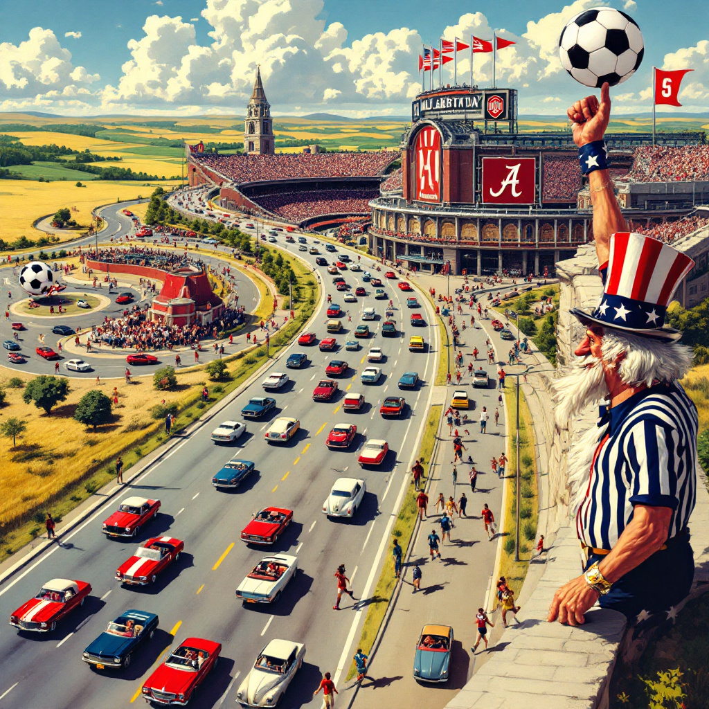 In a whimsical collage of sports, academia, and American culture, the birthday card front cover bursts with energy and humor. The scene is set in a cartoonish style, reminiscent of the vibrant and detailed illustrations of Norman Rockwell but with a playful twist. Center stage is a bustling interstate highway, teeming with vintage cars and colorful convertibles, weaving through a backdrop of rolling Alabama hills and Ohio's flat plains. Amidst the traffic, a giant soccer ball, the size of a small car, comically rolls across the highway, causing a playful chaos. On the right side, a college football stadium, akin to a Roman amphitheater, rises majestically, complete with roaring crowds and pennants waving high in crimson and white – a nod to Alabama's proud team.

Perched on the edge of the stadium, a cartoonish Uncle Sam character, larger than life and tipping his star-spangled hat, referees a friendly football match. Players, dressed in a quirky mix of both Alabama and Ohio State gear, are exaggerated caricatures with expressive faces, blending American football and soccer skills in an animated mid-game moment. The scene also includes a landmark hinting at Nashville – perhaps a miniature Grand Ole Opry on wheels, rolling down the highway as part of a parade of unique vehicles.

In the foreground, a convertible with a trio of animated animals - an armadillo, a squirrel, and a rabbit, donning sunglasses and birthday hats - cruises by, with a birthday cake precariously balanced on the trunk. The rabbit, standing on its hind legs, waves a small flag emblazoned with the number of the birthday being celebrated. The sky is a swirl of sunset hues, dotted with cartoonish clouds, and a banner plane trailing a birthday message, “Kick Off Another Great Year!” flies overhead. Every element of the scene is a delightful exaggeration, from the oversized shoes of the football players to the elaborate birthday cake, ensuring a comical and engaging visual narrative that celebrates both sport and the adventurous spirit of a birthday road trip.
Generated with these themes: Soccer, college football, USA, driving, Alabama, Ohio, Nashville.
Made with ❤️ by AI.