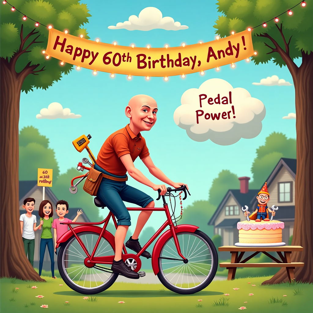 In this whimsical and humorous birthday card design, the scene is set on a vibrant sunny day in a suburban neighborhood. The central focus is a bald-headed man, Andy, celebrating his 60th birthday in an eccentric fashion. He's perched atop a bright, cherry-red vintage bicycle, styled with handlebar tassels and a miniature birthday horn attached to the handlebars. The bicycle wheels are comically oversized and adorned with colorful birthday streamers that flutter in the wind. Andy is clad in a comical combination of spandex cycling gear and a tool belt strapped around his waist, filled with handyman gadgets like a hammer, measuring tape, and a wrench, all dangling humorously as he pedals.

Around Andy, a small gathering of friends and family cheer him on. They hold signs shaped like wrenches and gears with playful messages like "60 and still rolling!" and "Pedal Power!" A birthday banner arches across the scene above Andy, strung between two tall trees. The banner spells out "Happy 60th Birthday, Andy!" in bright, bold letters with tiny LED lights that twinkle even in the daytime.

In the background, a fluffy cloud formation playfully takes the shape of Andy's head, complete with a cheeky grin, adding a touch of whimsy to the sky. To the right of the scene, a toolbox-themed birthday cake sits on a picnic table, its frosting cleverly shaped like screws and nuts. The cake top features a miniature Andy, cycling atop the cake with a tiny wrench in hand.

This delightful and imaginative scene captures the essence of Andy's passion for cycling, his handyman skills, and his zest for life at 60, with every element playfully intertwined to tell a story worth celebrating.
Generated with these themes: 60th Birthday, Bald headed man, Athletic, Cyclist, and Handyman gadgets.
Made with ❤️ by AI.