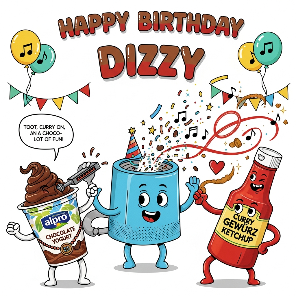 At the top of the Cartoon Style image, display the text "Happy Birthday Dizzy" in big bouncy bubble letters with a chocolate-brown and ketchup-red gradient, outlined in thick white and black.

A full-bleed, vertical, funny Cartoon Style scene with exaggerated, playful characters, thick outlines, and bright saturated colors:
- Center stage: a cheerful sky-blue air purifier character with googly eyes and rubber-hose limbs, wearing a tiny party hat. From its front vents, it blasts a gust of glittery confetti, streamers, and musical notes that swoosh across the scene.
- Left: a lively cup labeled “Alpro Chocolate Yogurt,” sporting a swirly chocolate “hairdo,” wearing a harmonica on a necklace and tooting it proudly; one spoon-arm up like a mic, mid-dance.
- Right: a chunky red bottle labeled “Curry Gewürz Ketchup” with a cheeky grin, twisting in a disco pose while squeezing a curly ribbon of ketchup that loops into a heart and a music note.
- Comedic motion lines, starbursts, and tiny cocoa flecks and curry spice sparkles caught in the purifier’s airflow add energy.
- Background: simple party bunting and balloons shaped like music notes, soft vignette so the characters pop.

Palette and finish: electric blue, tomato red, rich cocoa brown, sunny yellow, and mint green; bold black outlines, crisp cel-shading, soft party glow.

Small extra text: a single short line in a speech bubble near the yogurt reads, “Toot, curry on, and choco-lot of fun!”
Generated with these themes: Alpro chocolate  yogurt, Curry gewurtz ketchup, Blue air purifier , Harmonica on necklace, and .
Made with ❤️ by AI.