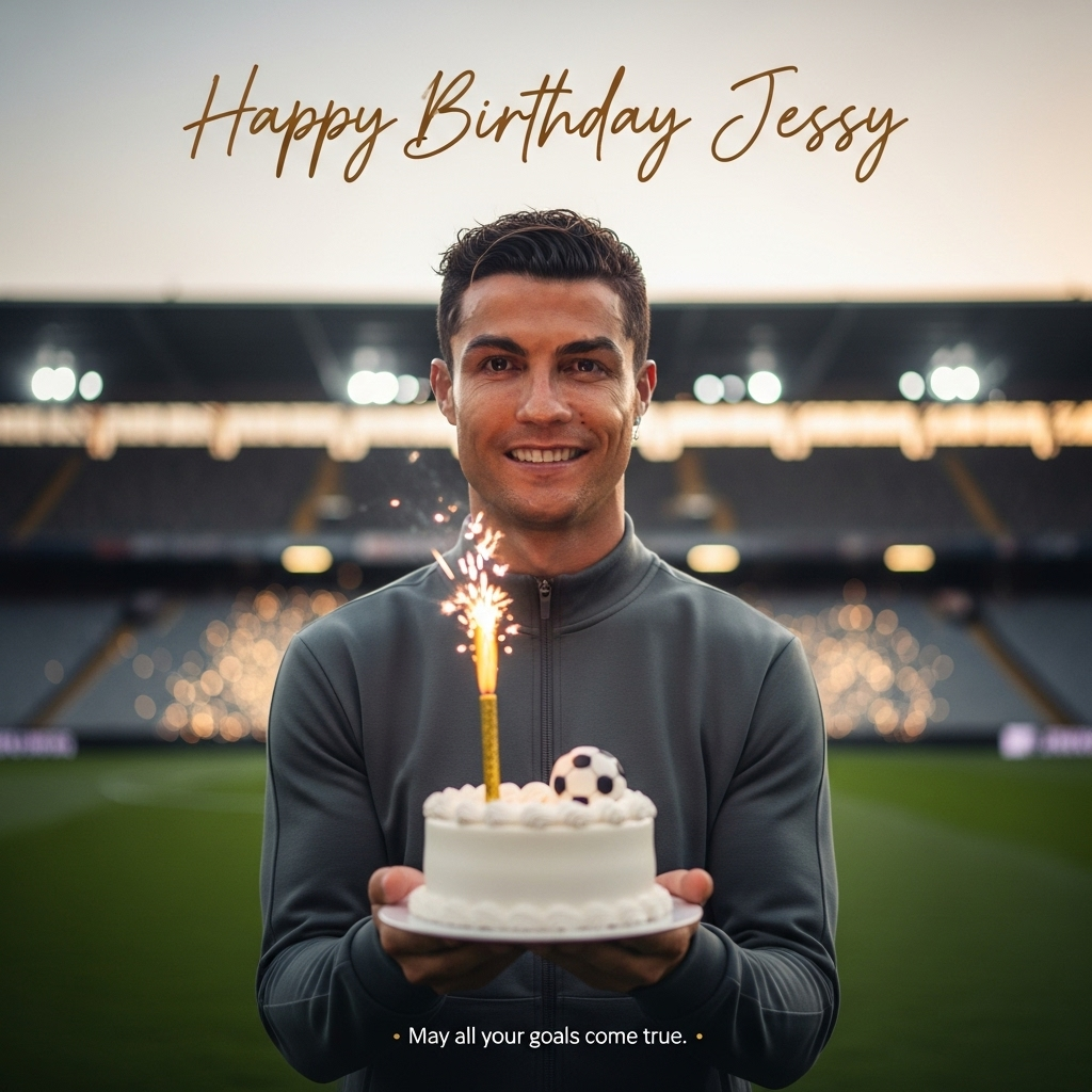 At the top of the Photorealistic picture taken from a camera image, Happy Birthday Jessy

Ultra-high-definition 4K UHD photograph with accurate lighting, lifelike textures, and rich depth of field. A sincere, warm, true-to-life scene featuring Cristiano Ronaldo smiling gently and looking into the camera, standing at the edge of a football pitch at golden hour. Soft sun rims his hair and shoulders; stadium seats and twinkling lights blur into creamy bokeh behind him. He presents a small white-frosted birthday cake toward the lens, topped with a single golden sparkler and a tiny soccer-ball decoration. Wardrobe: simple neutral athletic jacket, no visible logos or brands. Natural skin detail, clean color, subtle vignette, HDR realism.

Composition and camera: chest-up portrait, centered, 85mm lens look, f/1.8, ISO 100, 1/200s, gentle catchlights in the eyes, minimal retouching for lifelike texture.

At the bottom, add a small caption: May all your goals come true.

Text styling: Top line in a warm, elegant hand-lettered script, soft white with a subtle gold sheen and a gentle drop shadow for readability; bottom caption in small, clean sans-serif in a soft warm gray. Keep text minimal and unobtrusive. No watermarks or extra text.
Generated with these themes: Cristiano Ronaldo, and .
Made with ❤️ by AI.