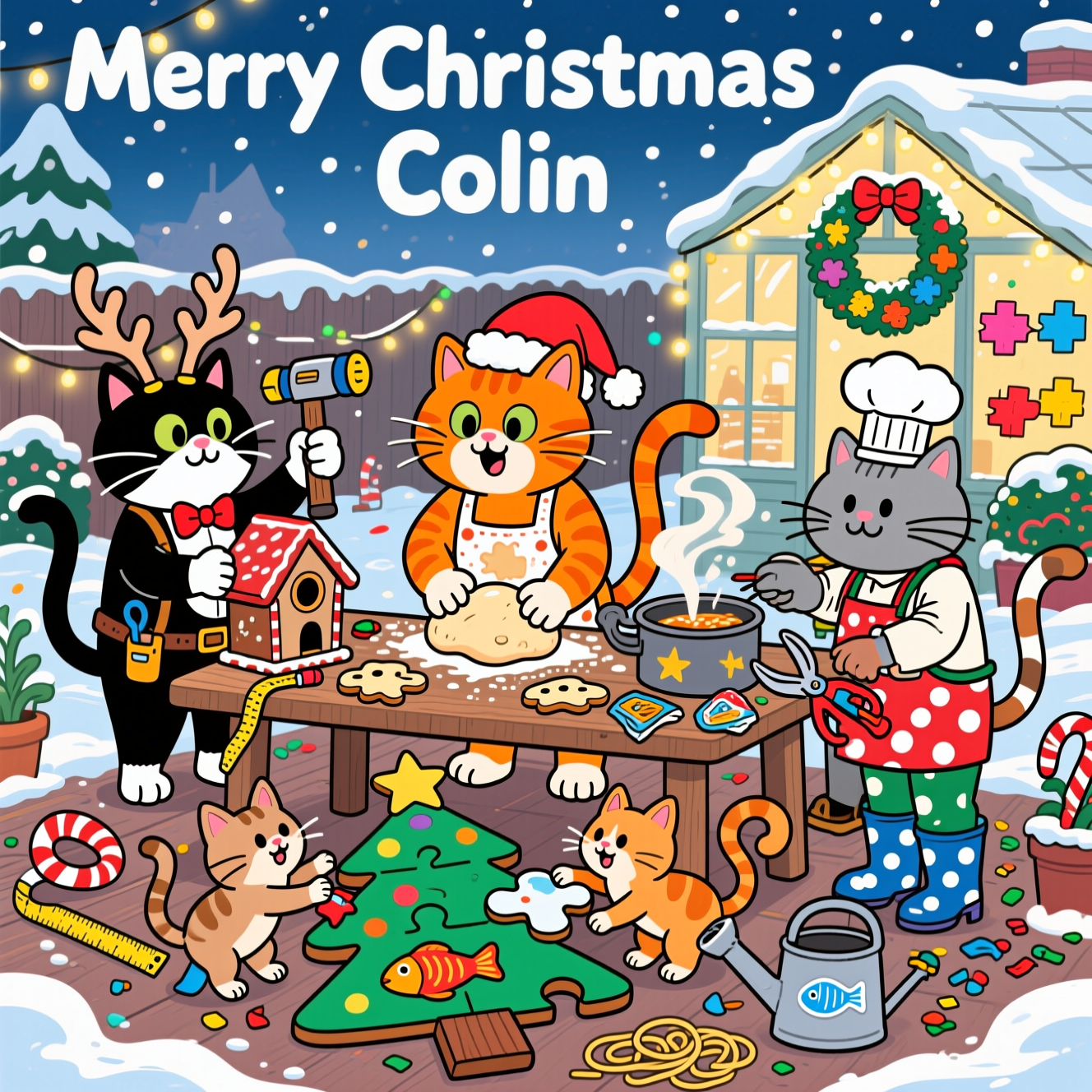 At the top of the Cartoon Style image, "Merry Christmas Colin"

Playful, funny Christmas cartoon scene in bright saturated colors and thick black outlines: a snowy, twinkly backyard turned festive cat workshop where gardening, cooking, DIY, and puzzles collide. Exaggerated, big-headed cats with chunky paws in energetic, goofy poses. Center: an orange tabby in a flour-dusted apron and Santa hat kneads cookie dough into jigsaw-piece shapes on a wooden table; a puff of flour sparkles like snow. Left: a tuxedo cat with a tool belt and novelty reindeer antlers proudly hammers together a gingerbread birdhouse; the blueprint is upside down, a measuring tape twirls like tinsel, and a drill wears a red bow. Right: a calico gardener in polka-dot wellies trims a snow-dusted fish-shaped topiary with candy-cane shears; seed packets spill like confetti and a watering can labeled with a fish icon sits nearby. Foreground floor: a big half-finished jigsaw puzzle shaped like a Christmas tree; two kittens try to fit a fish-shaped piece—one attempts to nibble it, tail curled into a question mark. Midground: a chonky gray chef cat, colander helmet on, stirs a bubbling pot; steam puffs form stars and fish, and stray spaghetti on the snow becomes a silly maze. Background: a glowing greenhouse/shed with frosty panes, strings of fairy lights, a wreath made of multicolored jigsaw pieces, and a leaning stack of DIY planks and garden tools wrapped in lights. Comedic extras: a kitten tangled in fairy lights, icing being “caulked” onto a cookie wall, snowflakes sparkling like glitter. Render the top text in candy-cane stripes with snowy caps and a warm golden glow for readability; keep clean negative space around it. Vertical, full-bleed composition with lively motion lines and crisp cel-shading.

Include one small extra line of text on a wooden plaque near the bottom: "Bake it, rake it, make it—purr!"
Generated with these themes: Cats, gardening, cooking, diy, puzzles, and .
Made with ❤️ by AI.