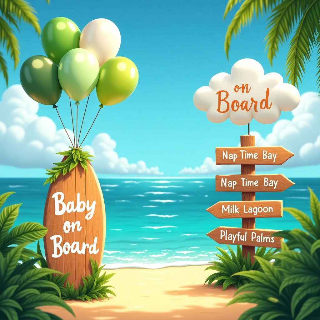 Surf board, balloons, tropical plants, green, white, wood New-baby Card