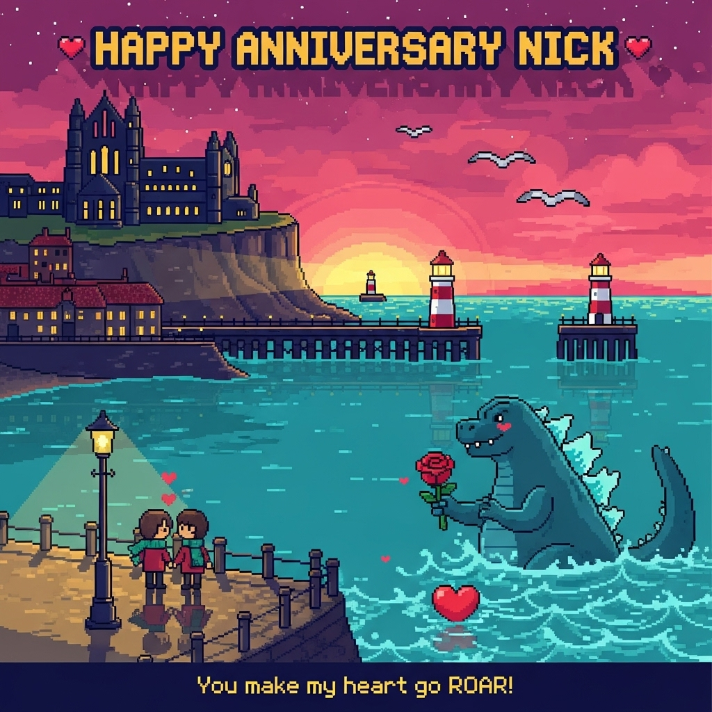 At the top of the Pixel Art Style image, “Happy Anniversary Nick” in big blocky 8-bit letters with a navy drop shadow, flanked by tiny pink heart sprites.

Crisp 8-bit pixel art scene, vertical poster composition, vibrant limited 16–24 color palette, chunky square pixels, no gradients, no anti-aliasing, subtle dithering for sky and sea. Romantic sunset over Whitby: the East Cliff crowned by the silhouette of Whitby Abbey in inky navy, windows glowing warm gold. The twin Whitby piers stretch into a teal North Sea with pixel-lighthouses casting sweeping golden beams. In the foreground on a pier, two tiny pixel lovers in scarves hold hands under a glowing lamppost, their reflections and little heart particles on the water.

Out in the harbor, a friendly pixel Godzilla rises from the gentle waves, spines softly glowing teal. He’s blushing and offering a giant pixelated red rose toward the couple; the waves around him ripple into faint heart shapes. A few seagulls arc across a magenta-to-violet dithered sky, and soft star-pixels twinkle as dusk settles. Keep the whole image cozy and affectionate, with bold outlines and nostalgic video-game charm.

At the bottom in a small, cheeky single-line 8-bit caption, centered: “You make my heart go ROAR!”
Generated with these themes: Whitby, Godzilla, and .
Made with ❤️ by AI.