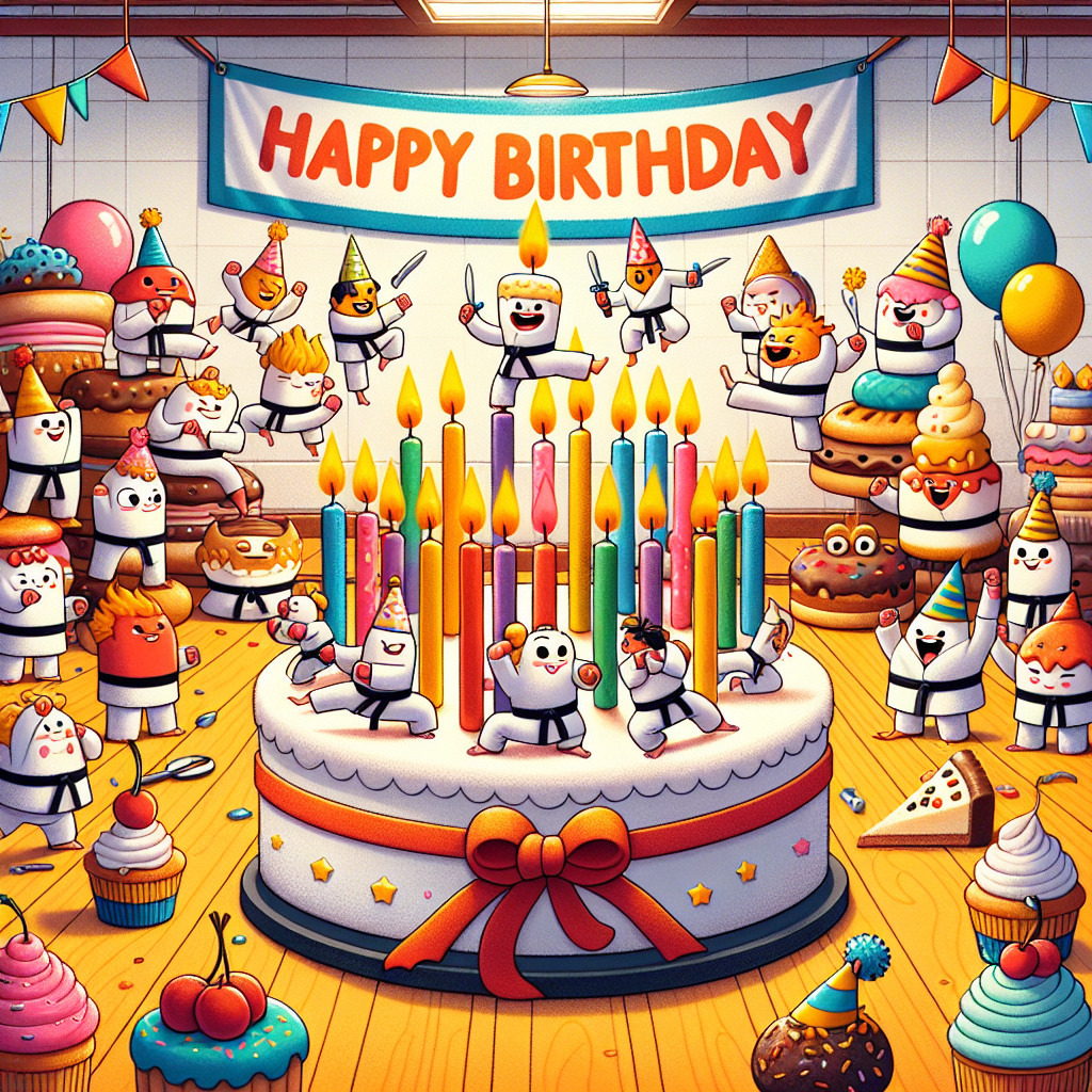 Create a whimsical, birthday-themed illustration. The centerpiece should be a cake, decorated with a multitude of vibrant candles performing a variety of karate moves, as though each candle is a skilled martial artist. The cake is set inside a typical dojo, surrounded by a lively, cartoonish crowd of other desserts, be it cupcakes, ice creams, or doughnuts, who are enthusiastically cheering for the candles. Decorative party banners hanging from the ceilings bear the joyful message 'Happy Birthday' inscribed on them in a lively, playful font. This scene brims with a festive and humorous ambiance.
Generated with these themes: Karate.
Made with ❤️ by AI.