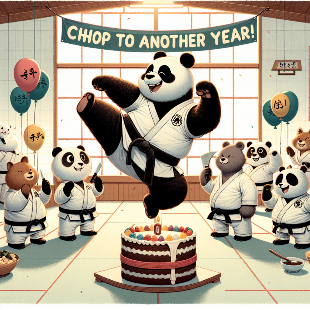 Illustrate a scene where a group of animals, each donning a karate uniform, are celebrating a birthday in a traditional dojo. The central figure is a large, joyful panda performing a lofty karate kick, positioned just above a birthday cake that carries a design reminiscent of a tatami mat. Throughout the dojo, humorous balloons can be seen, each with a martial arts belt wrapped around them. Completing the festive ambiance is a banner that proudly exclaims, 'Chop to another year!', infusing the martial arts birthday scene with a lighthearted spirit.
Generated with these themes: Karate.
Made with ❤️ by AI.