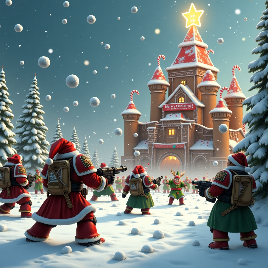 The scene is a whimsical and bustling Christmas battlefield where Warhammer figures are engaged in a playful snowball fight rather than their usual combat. In the foreground, a group of Space Marines in festive Santa hats and red and green armor are hurling snowballs with impressive precision. Opposite them, a contingent of Orks, wearing elf costumes with comically large pointed ears and oversized boots, are joyfully returning fire with equally large snowballs. Scattered throughout the snowy field are miniature Christmas trees adorned with tiny baubles and LED lights that twinkle like stars. In the background, towering over the playful skirmish, is a gigantic gingerbread fortress with peppermint candy cane towers and an icing-sugar moat. On top of the fortress, a banner made from gingerbread letters spells out "Merry Christmas Jack" in icing that glistens as though dusted with fresh snow. Above this fantastical scene, the sky is a swirl of snowflakes, but instead of falling randomly, they appear to form the shape of a gigantic Christmas tree. At the top of this sky-high tree, a glowing star made of golden light completes the festive picture.
Generated with these themes: Warhammer.
Made with ❤️ by AI.