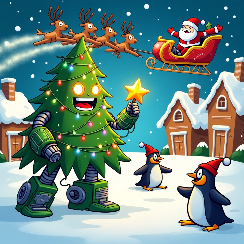 In this whimsical holiday cartoon scene, set against a backdrop of a snowy Christmas village, the beloved characters of a Transformer-style Christmas universe come to life in a hilariously festive encounter. In the foreground, a massive, friendly Christmas tree robot named Tinsel-Tron is comically tangled in strings of colorful lights, with its branches humorously transformed into robotic arms and legs. Its bright LED eyes blink joyfully as it tries to decorate itself, holding a sparkling star that it aims to place on its head. Nearby, tiny elf-like robots, with gears and springs peeking out from their pointy hats, are enthusiastically tossing snowballs at Tinsel-Tron in a playful snow battle. On the left, a sleigh led by reindeer-shaped robots zooms across the sky, with exhaust clouds spelling out "Houston's Merry Christmas!" in a trail of glittering snowflakes. Each robotic reindeer has unique mechanical features, like rotor wings and rocket boosters, ensuring Santa reaches every rooftop with speed and style. In the background, we see Santa Claus himself in a classic red suit with a modern twist: a sleek, metallic shine to his boots and belt. He’s laughing heartily from the cockpit of his high-tech sleigh, equipped with a glowing dashboard full of buttons and lights. The scene is bustling with tiny mechanical penguins sliding down a nearby hill, their bellies squeaking with every glide. In the center, towering gingerbread houses, with candy cane chimneys and gummy windows, stand proudly, while snow gently falls all around, glistening like twinkling stars in the night sky. The entire scene bursts with the spirit of Christmas, technology, and fun, making it the perfect holiday card for "Houston".
Generated with these themes: Transformers.
Made with ❤️ by AI.