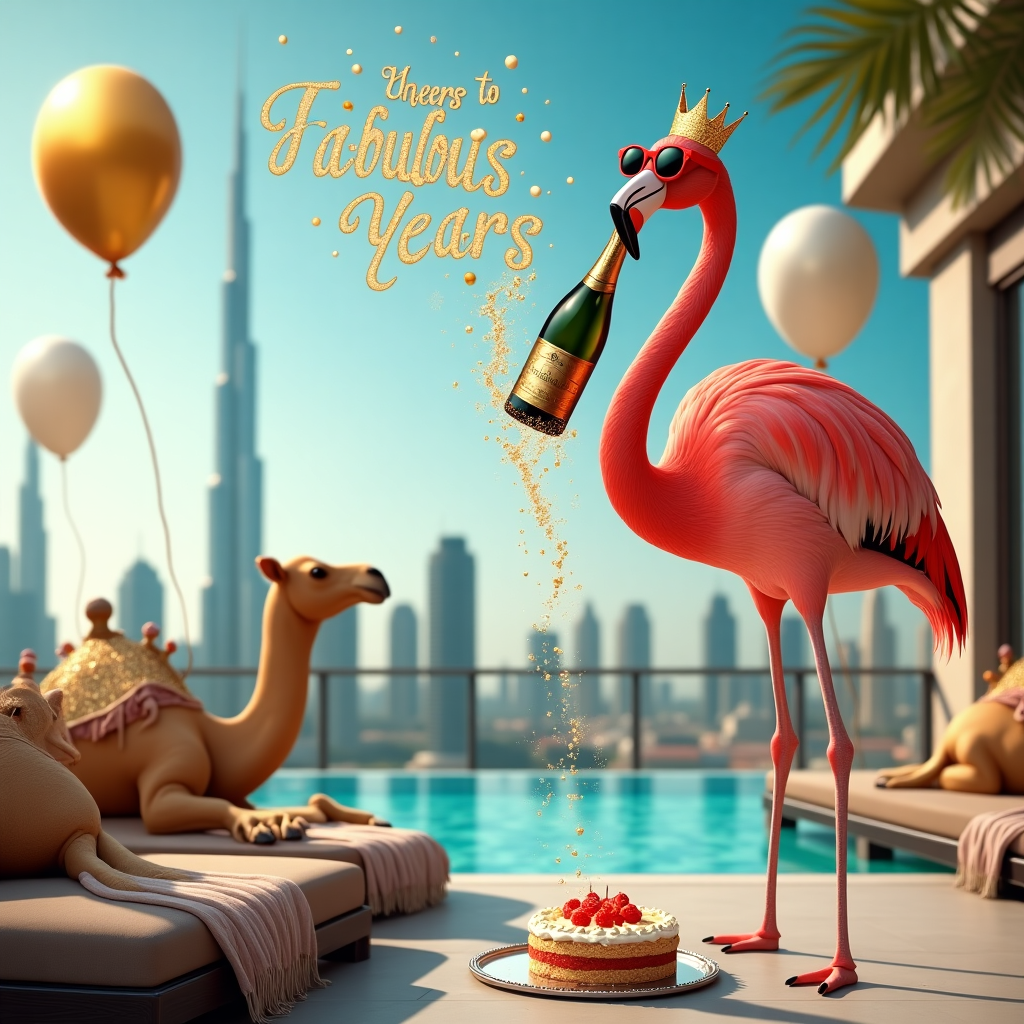 In this whimsical birthday greeting card design, picture a surreal and opulent scene set in the heart of Dubai, where the city's futuristic skyline provides a striking backdrop. The scene takes place at an exclusive, high-rise rooftop with a panoramic view of the iconic Burj Khalifa, piercing the blue sky like a glistening needle. In the foreground, a chic flamingo, adorned in oversized sunglasses and a golden tiara, stands regally beside an infinity pool. It's holding a bottle of champagne in one wing, with the cork popping off dramatically, sending a cascade of bubbly into the air. The champagne streams are artistically caught in mid-flight, forming the words "Happy Birthday" in shimmering droplets that reflect the sunlight. Surrounding the flamboyant bird, opulent gold and white balloons hover, tethered to elegant chaise lounges draped with plush velvet blankets. A pair of camels, equally glammed up with sequined saddles, nibble on birthday cake slices resting on a silver platter, their gentle eyes admiring the scene. Above, a bright banner flutters gently in the breeze, embossed with glitzy sequins and the words "Cheers to Fabulous Years!" The entire setup sparkles with the promise of luxury and celebration, capturing a uniquely playful twist on the themes of Champagne and Dubai.
Generated with these themes: Champagne , and Dubai.
Made with ❤️ by AI.
